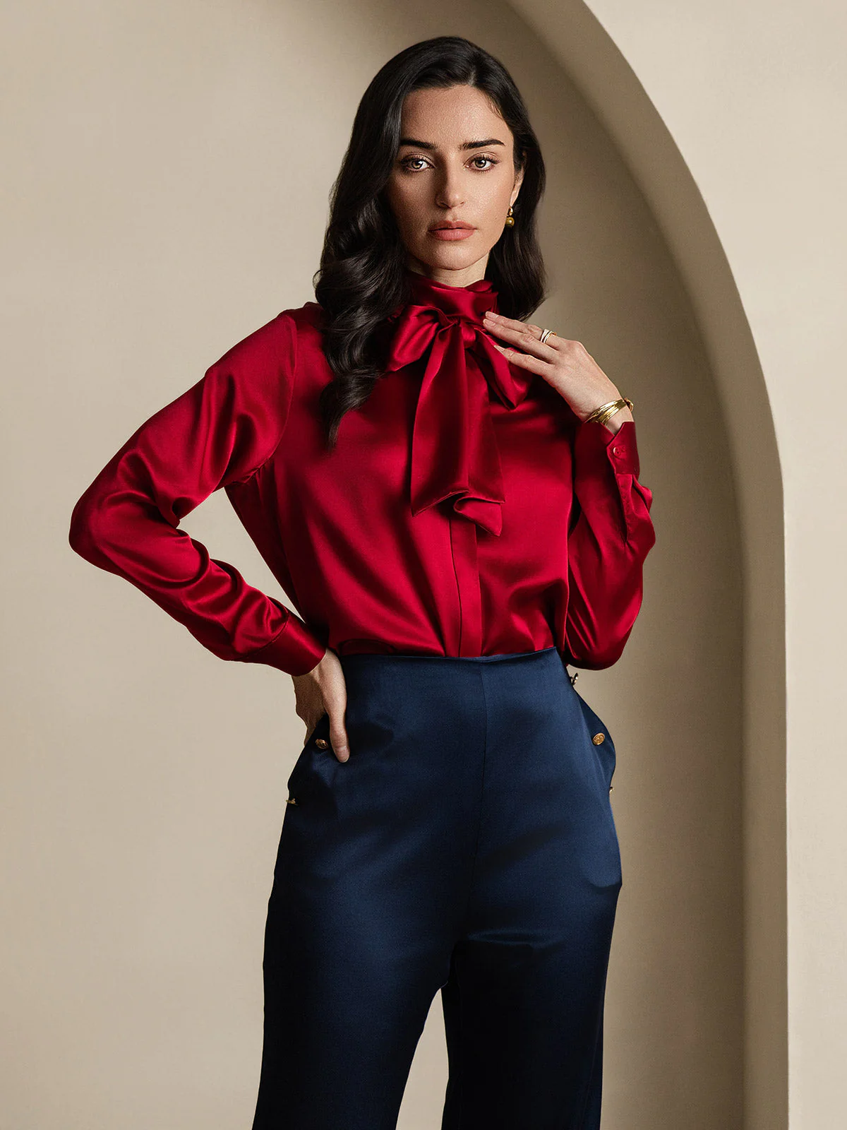 19Momme Silk Long Sleeve High Neck Bow Tie Blouse - Image 26