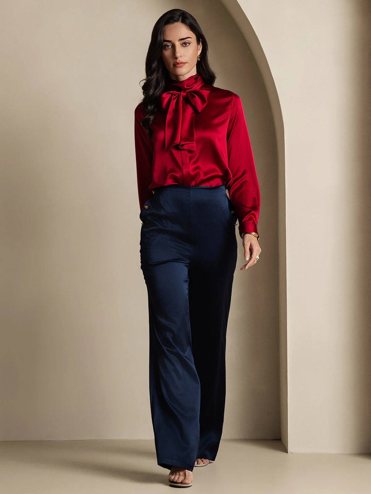 19Momme Silk Long Sleeve High Neck Bow Tie Blouse - Image 27