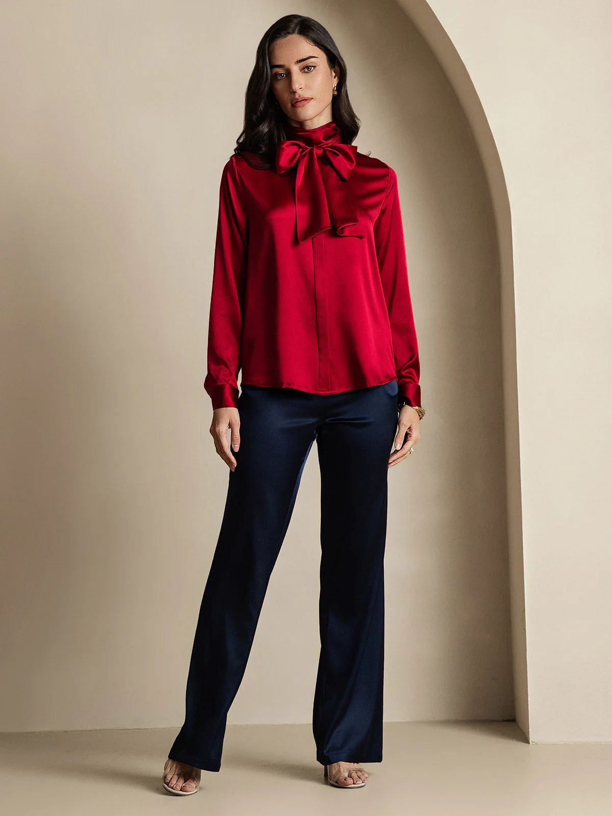 19Momme Silk Long Sleeve High Neck Bow Tie Blouse - Image 28