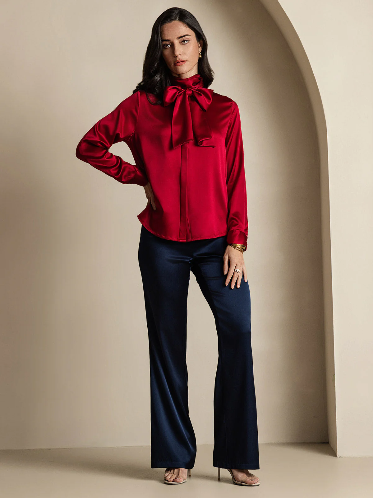 19Momme Silk Long Sleeve High Neck Bow Tie Blouse - Image 29