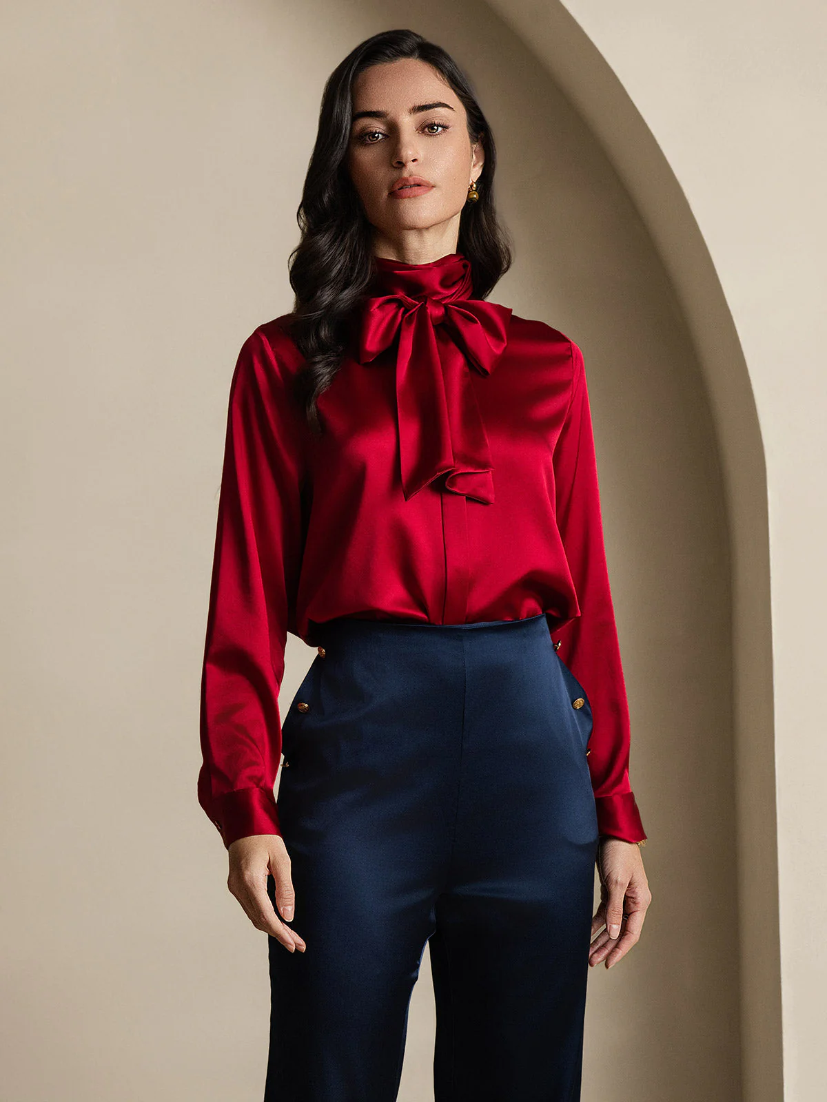 19Momme Silk Long Sleeve High Neck Bow Tie Blouse - Image 30