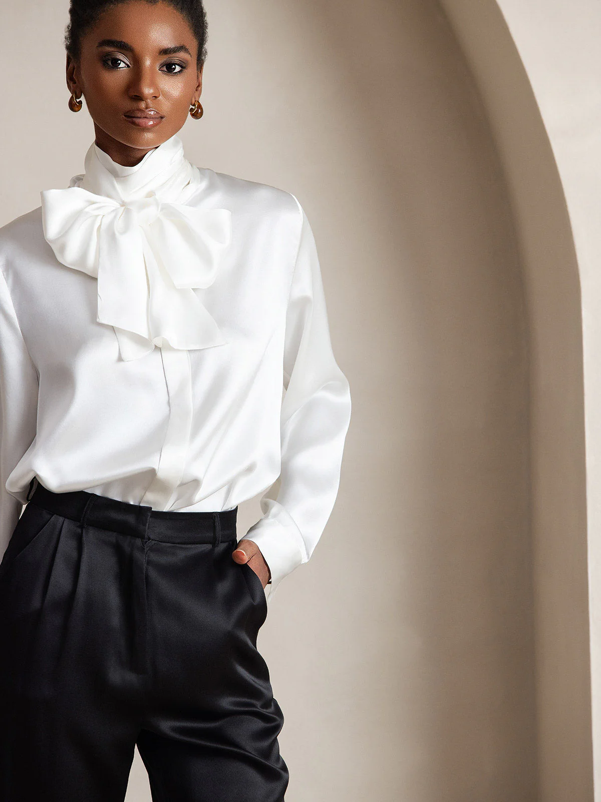 19Momme Silk Long Sleeve High Neck Bow Tie Blouse - Image 6