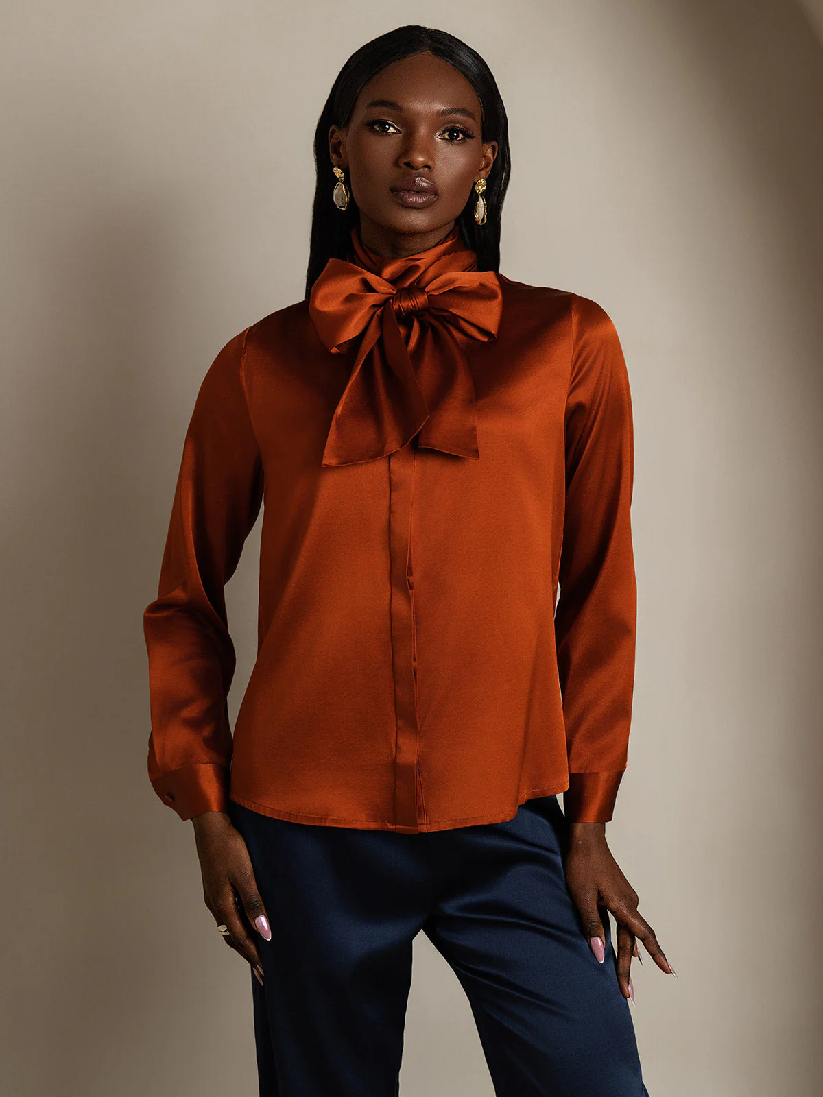 Clearance - 19Momme Silk Long Sleeve High Neck Bow Tie Blouse - Image 3