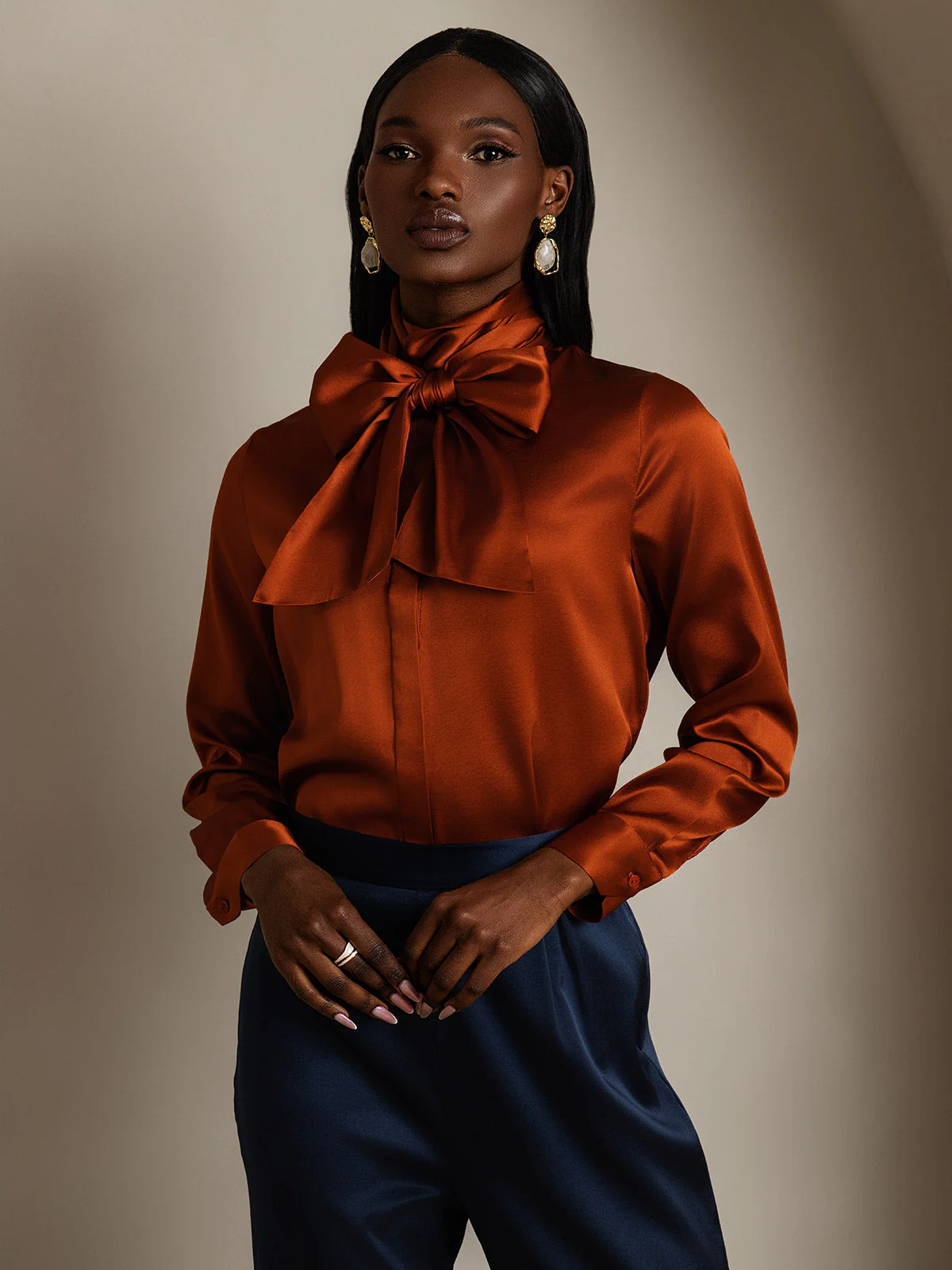 Clearance - 19Momme Silk Long Sleeve High Neck Bow Tie Blouse - Image 4