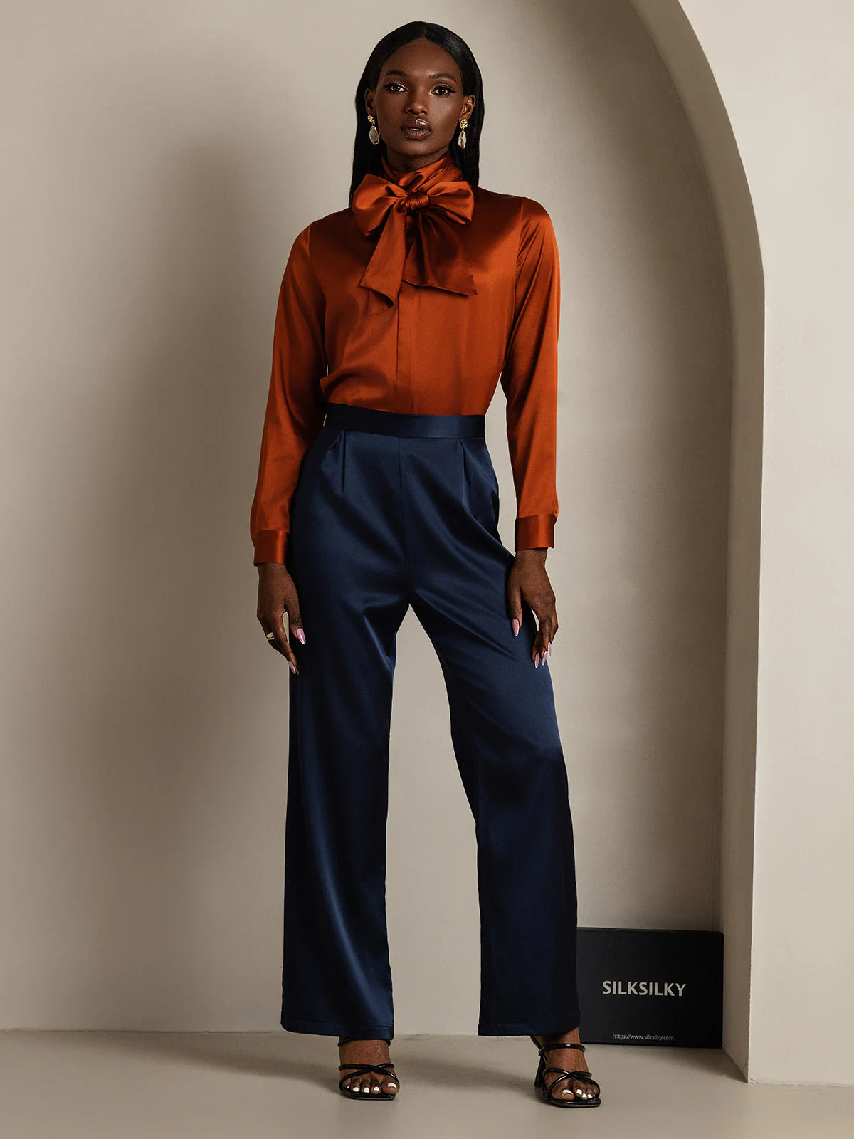 Clearance - 19Momme Silk Long Sleeve High Neck Bow Tie Blouse - Image 6