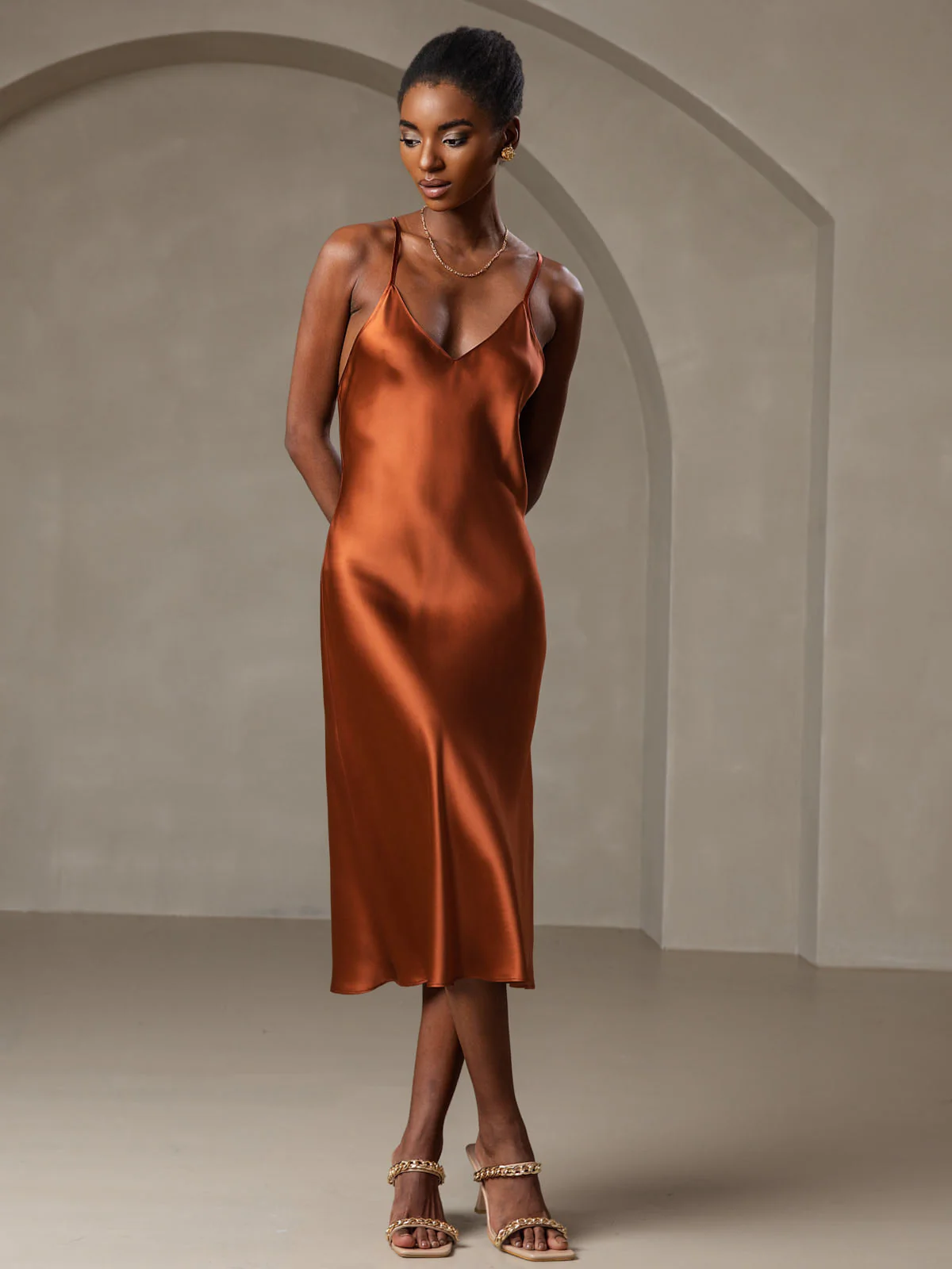 100% Mulberry Silk Spaghetti Strap V Neck Midi Dress with Criss Cross Back Design