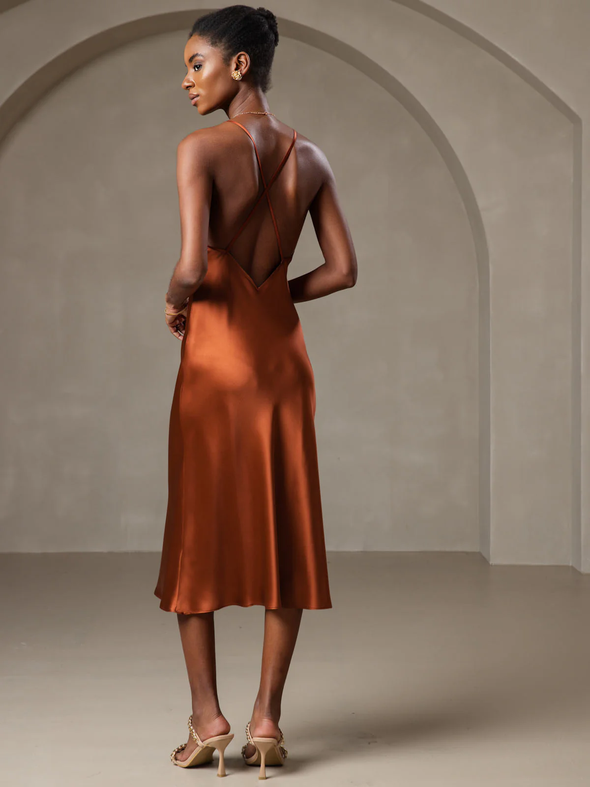 100% Mulberry Silk Spaghetti Strap V Neck Midi Dress with Criss Cross Back Design - Image 2