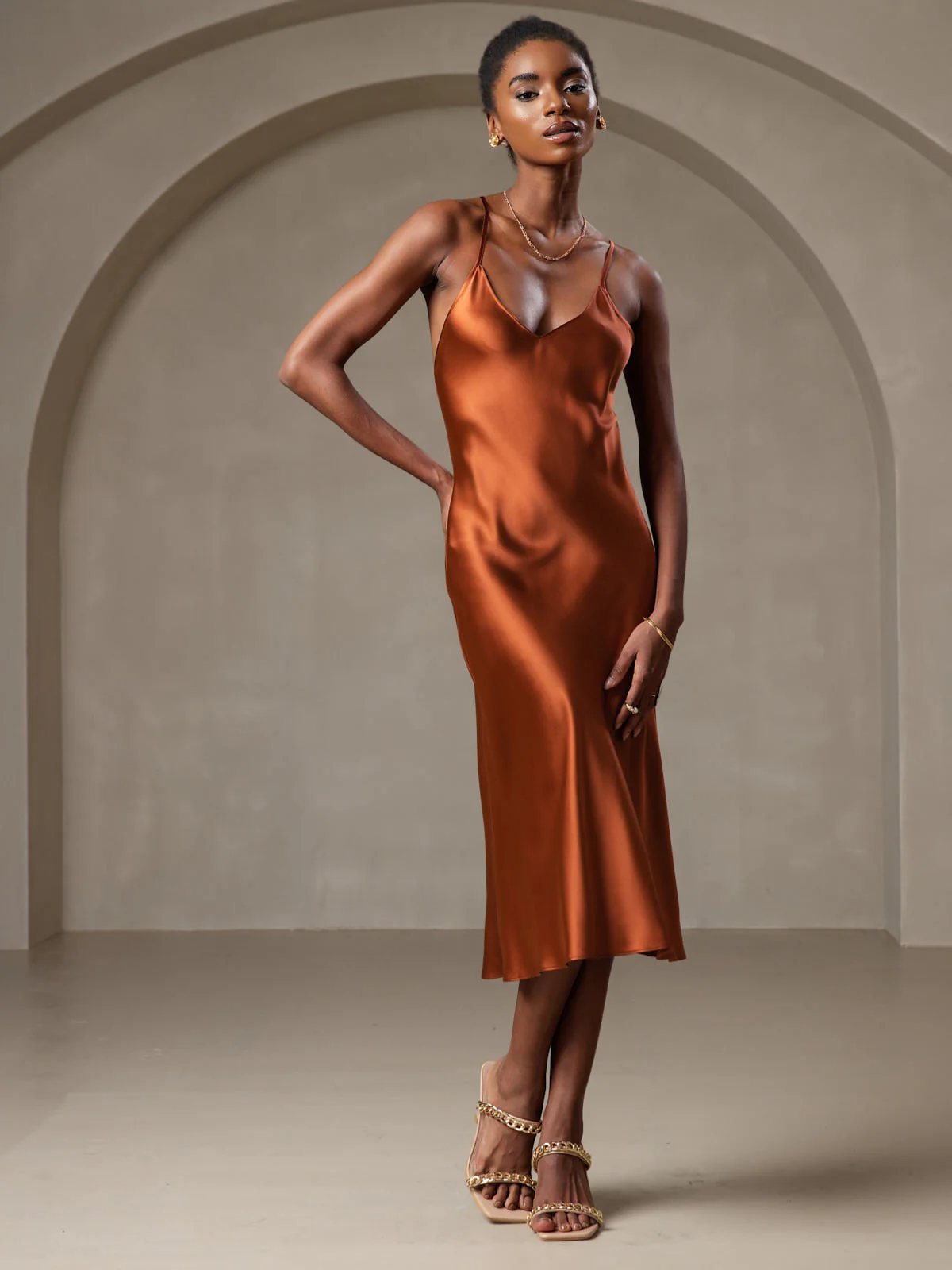 100% Mulberry Silk Spaghetti Strap V Neck Midi Dress with Criss Cross Back Design - Image 4