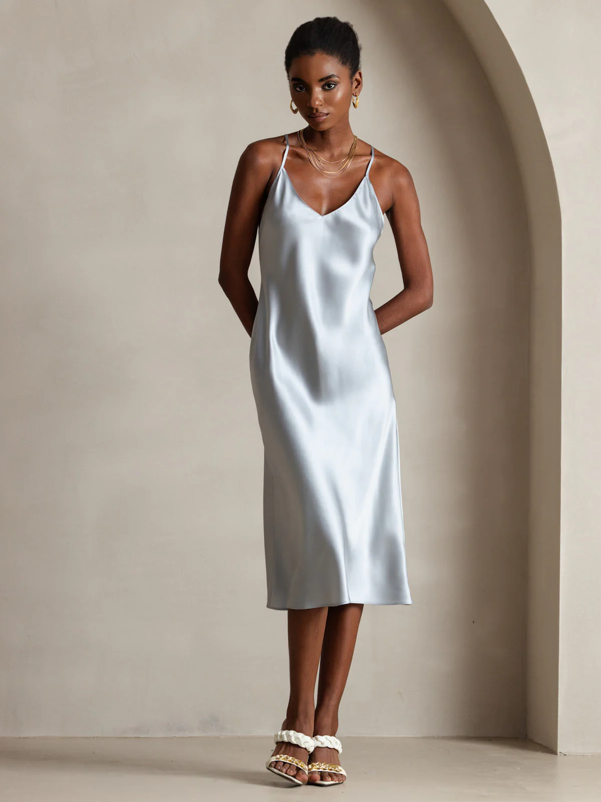 100% Mulberry Silk Spaghetti Strap V Neck Midi Dress with Criss Cross Back Design - Image 7