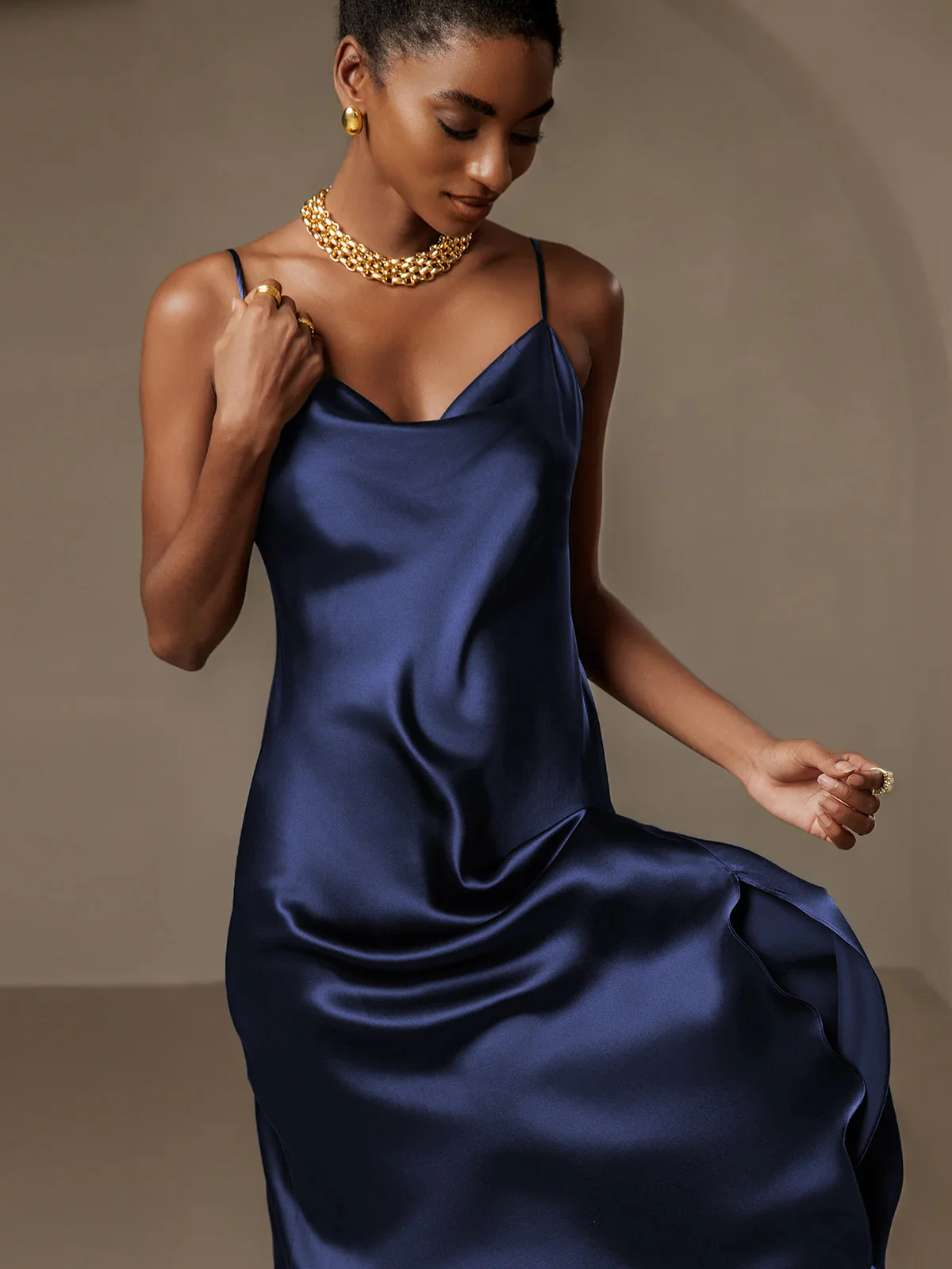 100% Mulberry Silk Spaghetti Strap Cowl Neck Bias Midi Dress with Split Design - Image 13