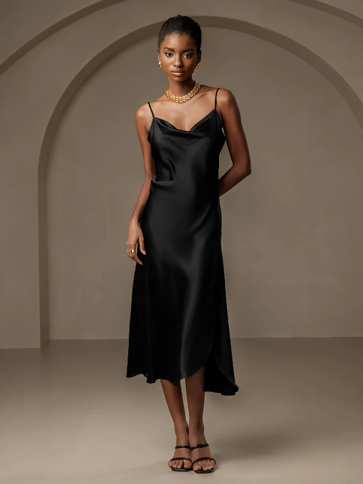 100% Mulberry Silk Spaghetti Strap Cowl Neck Bias Midi Dress with Split Design - Image 15