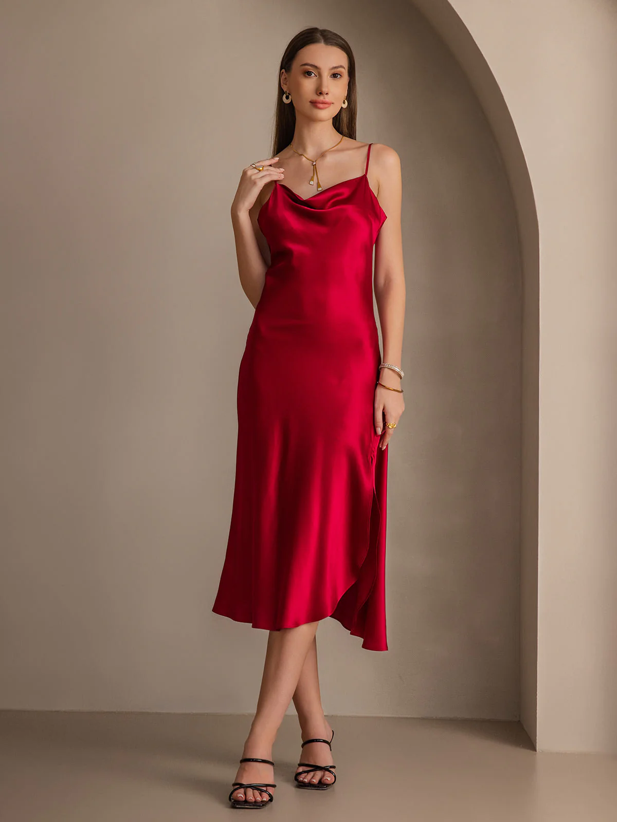 100% Mulberry Silk Spaghetti Strap Cowl Neck Bias Midi Dress with Split Design - Image 22