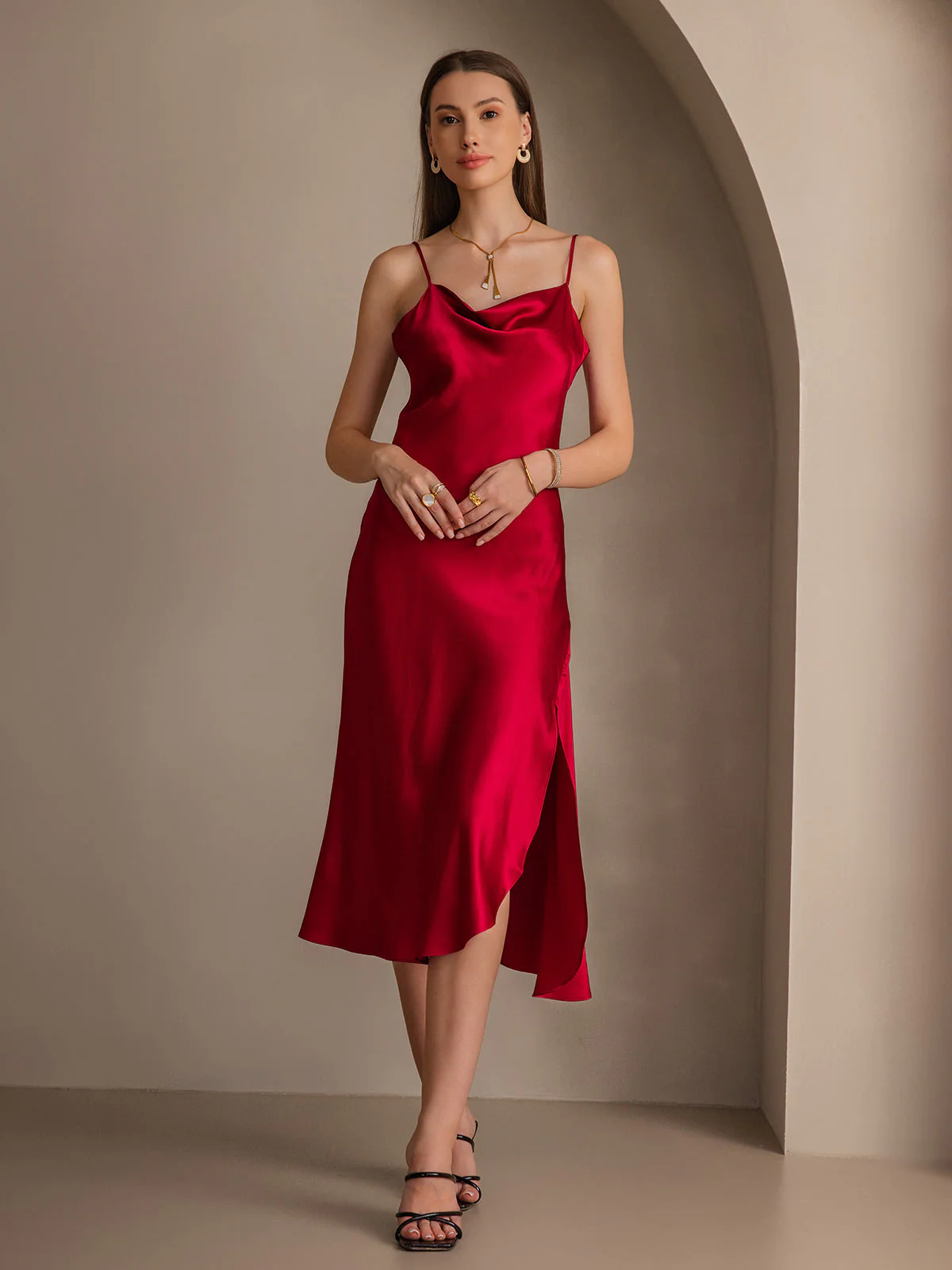 100% Mulberry Silk Spaghetti Strap Cowl Neck Bias Midi Dress with Split Design - Image 26