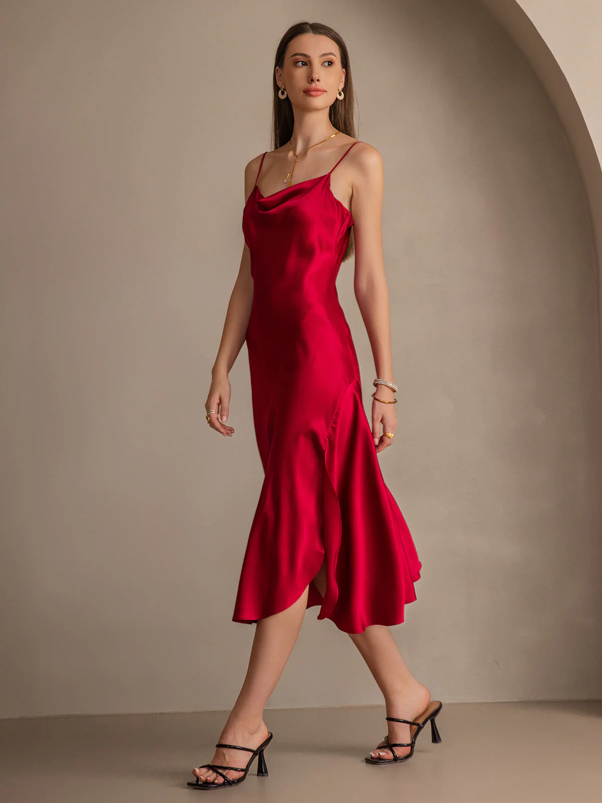 100% Mulberry Silk Spaghetti Strap Cowl Neck Bias Midi Dress with Split Design - Image 27