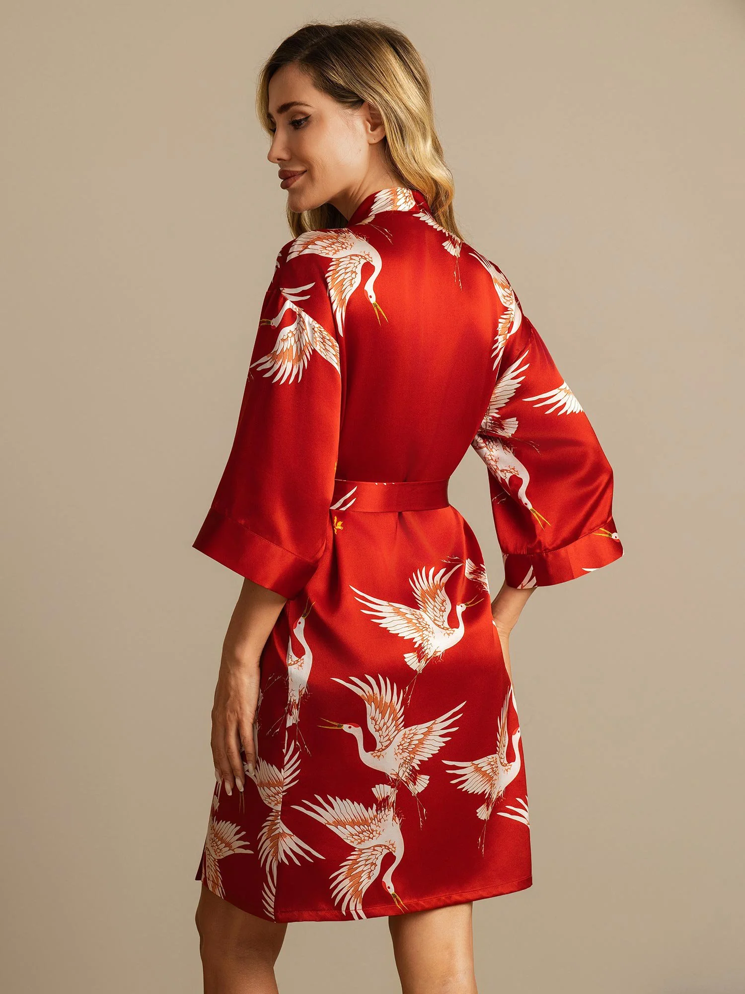 19Momme 100% Mulberry Silk Crane Print Belted Wrap Women's Kimono Robe - Image 2