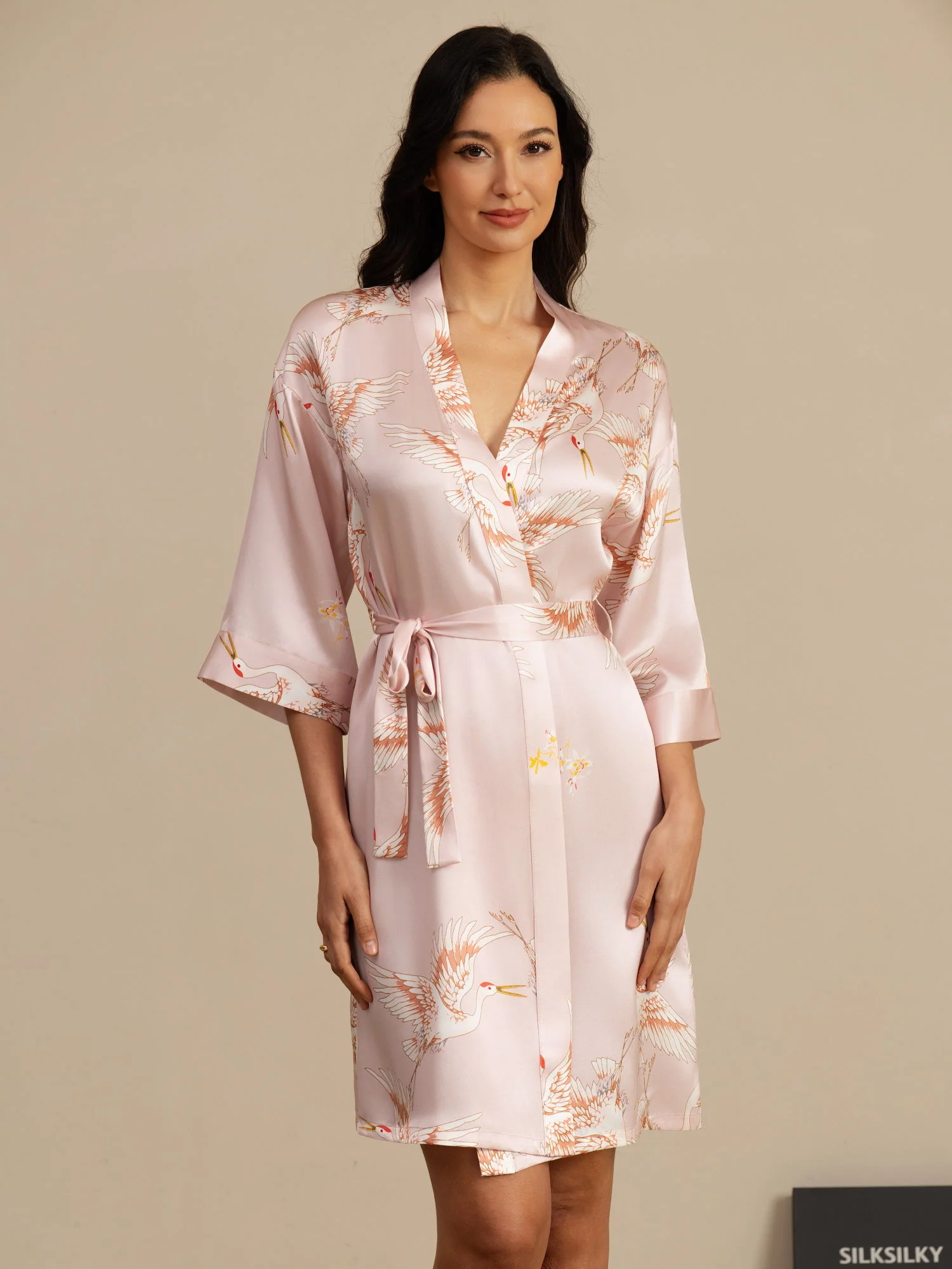 19Momme 100% Mulberry Silk Crane Print Belted Wrap Women's Kimono Robe - Image 26