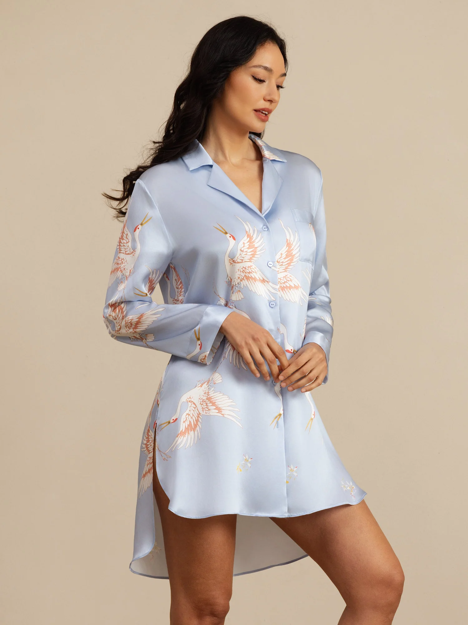 19Momme 100% Mulberry Silk Crane Print Nightshirt with High-Low Hem - Image 16