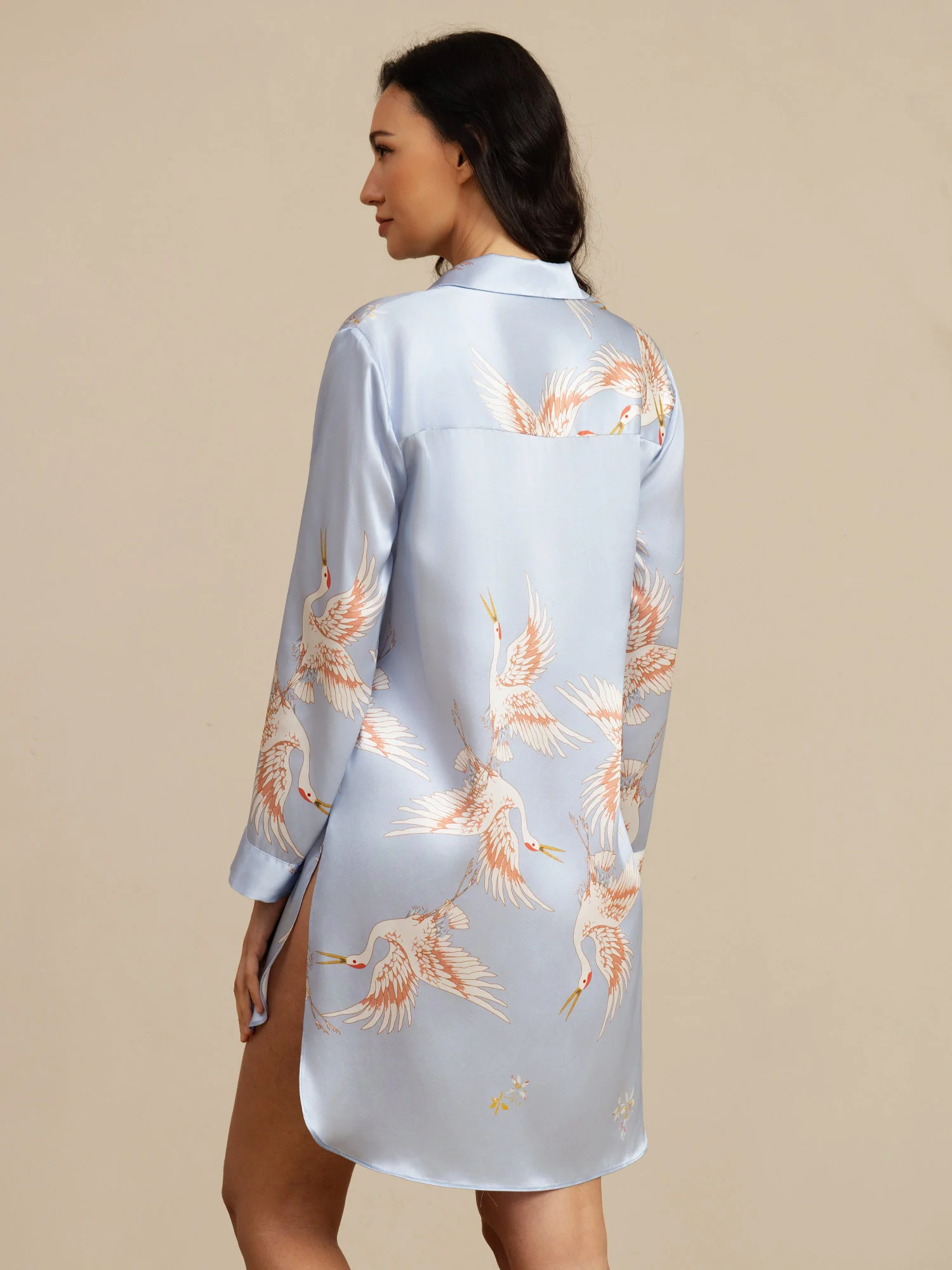 19Momme 100% Mulberry Silk Crane Print Nightshirt with High-Low Hem - Image 17