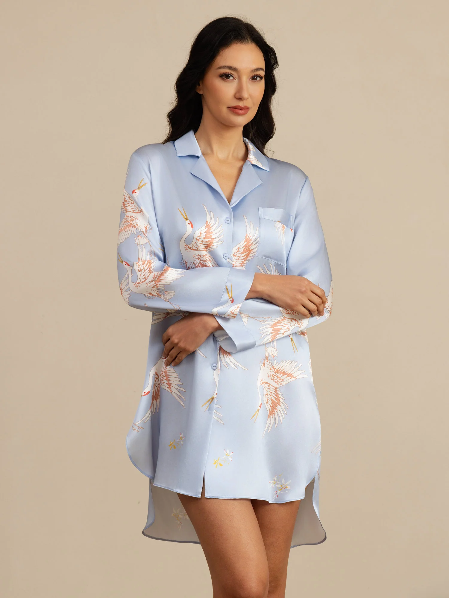 19Momme 100% Mulberry Silk Crane Print Nightshirt with High-Low Hem - Image 18
