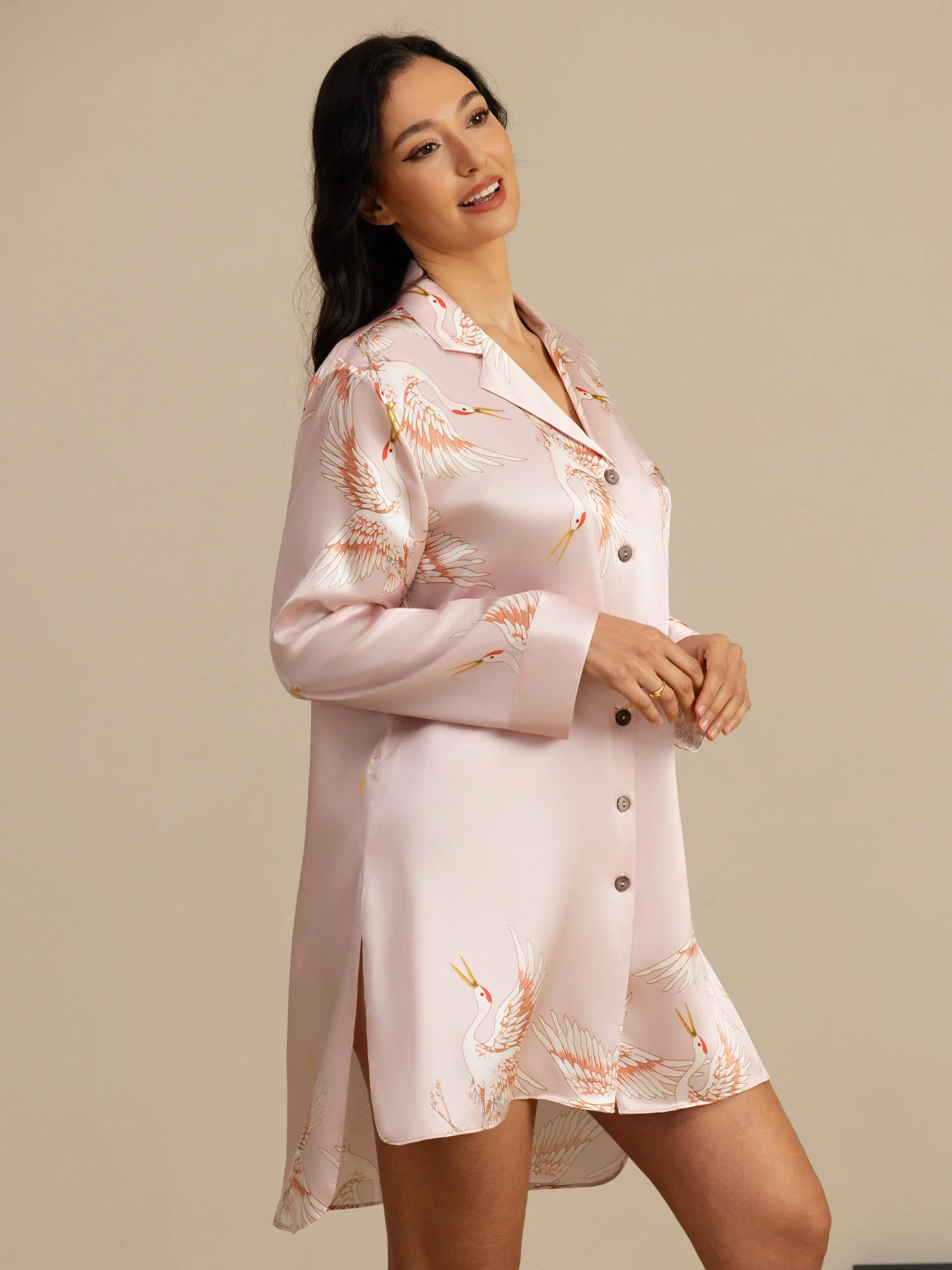 19Momme 100% Mulberry Silk Crane Print Nightshirt with High-Low Hem - Image 26