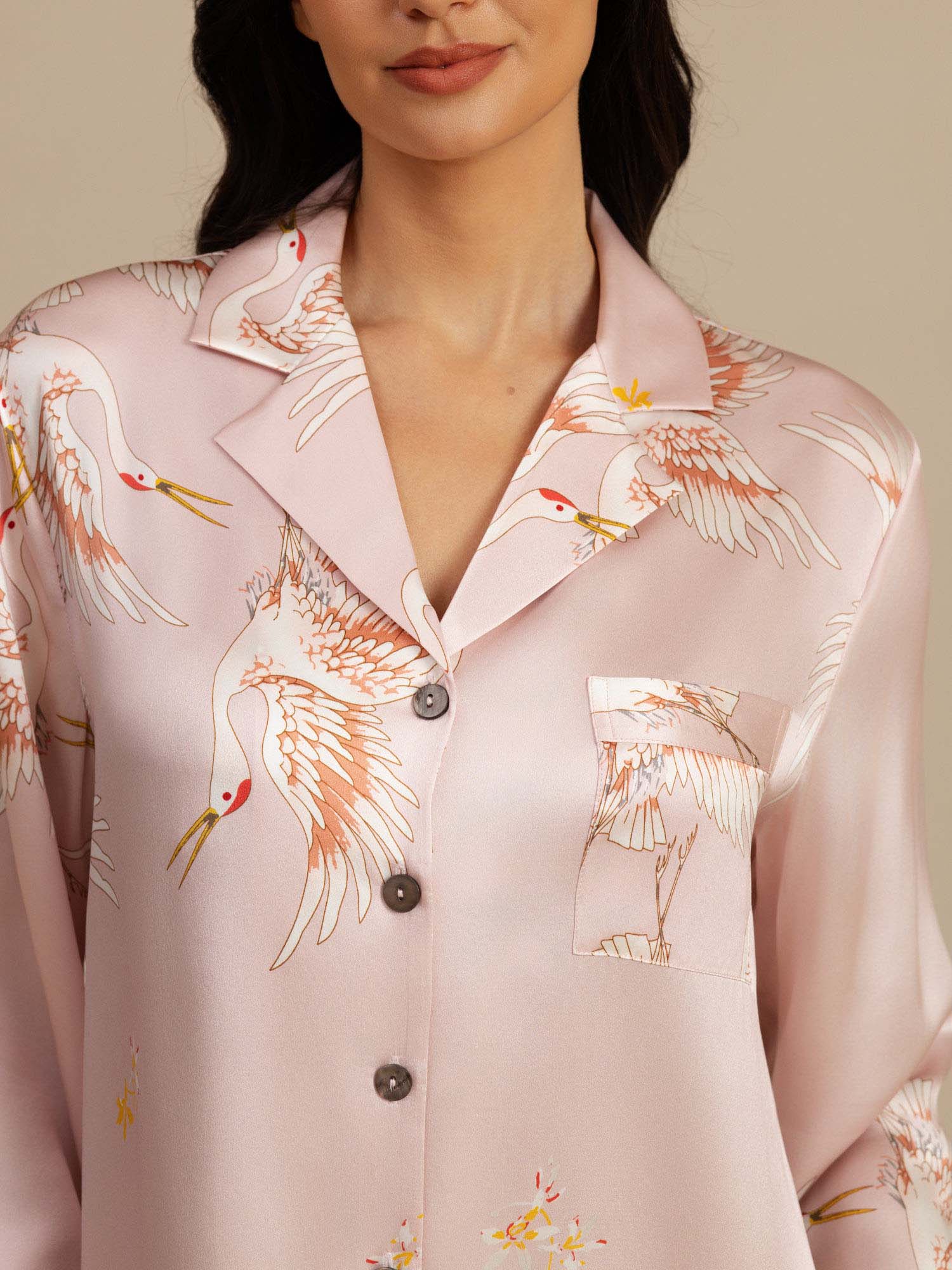 19Momme 100% Mulberry Silk Crane Print Nightshirt with High-Low Hem - Image 27