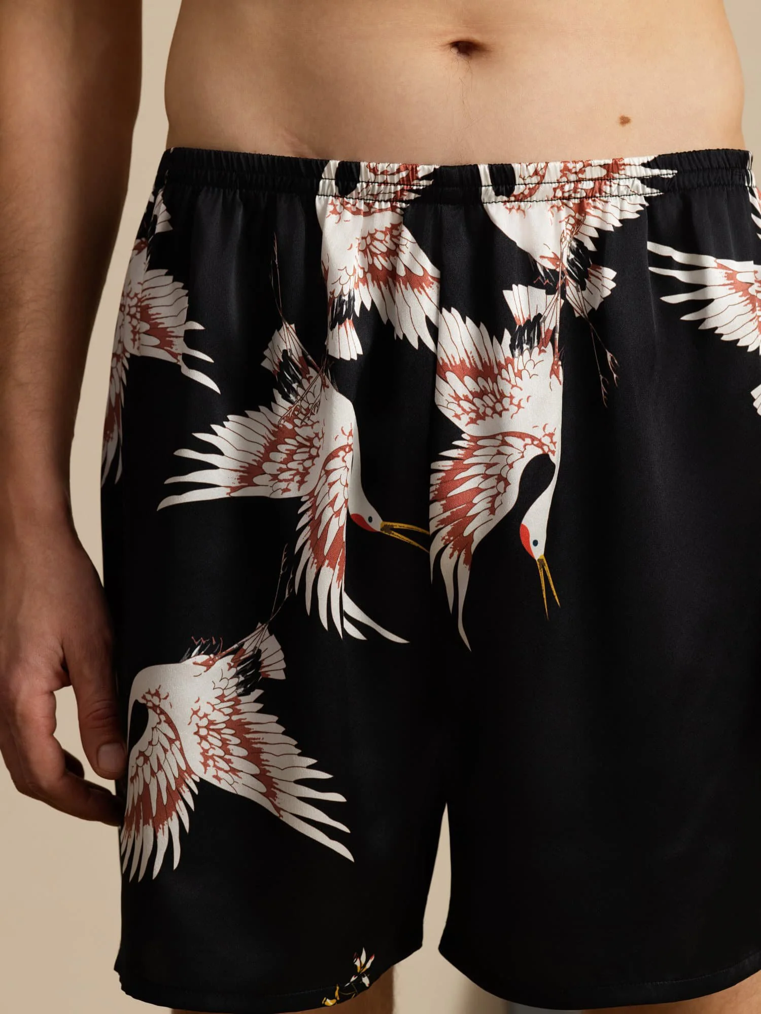 19Momme 100% Mulberry Silk Men's Crane Print Elastic Waist Sleep Shorts - Image 11