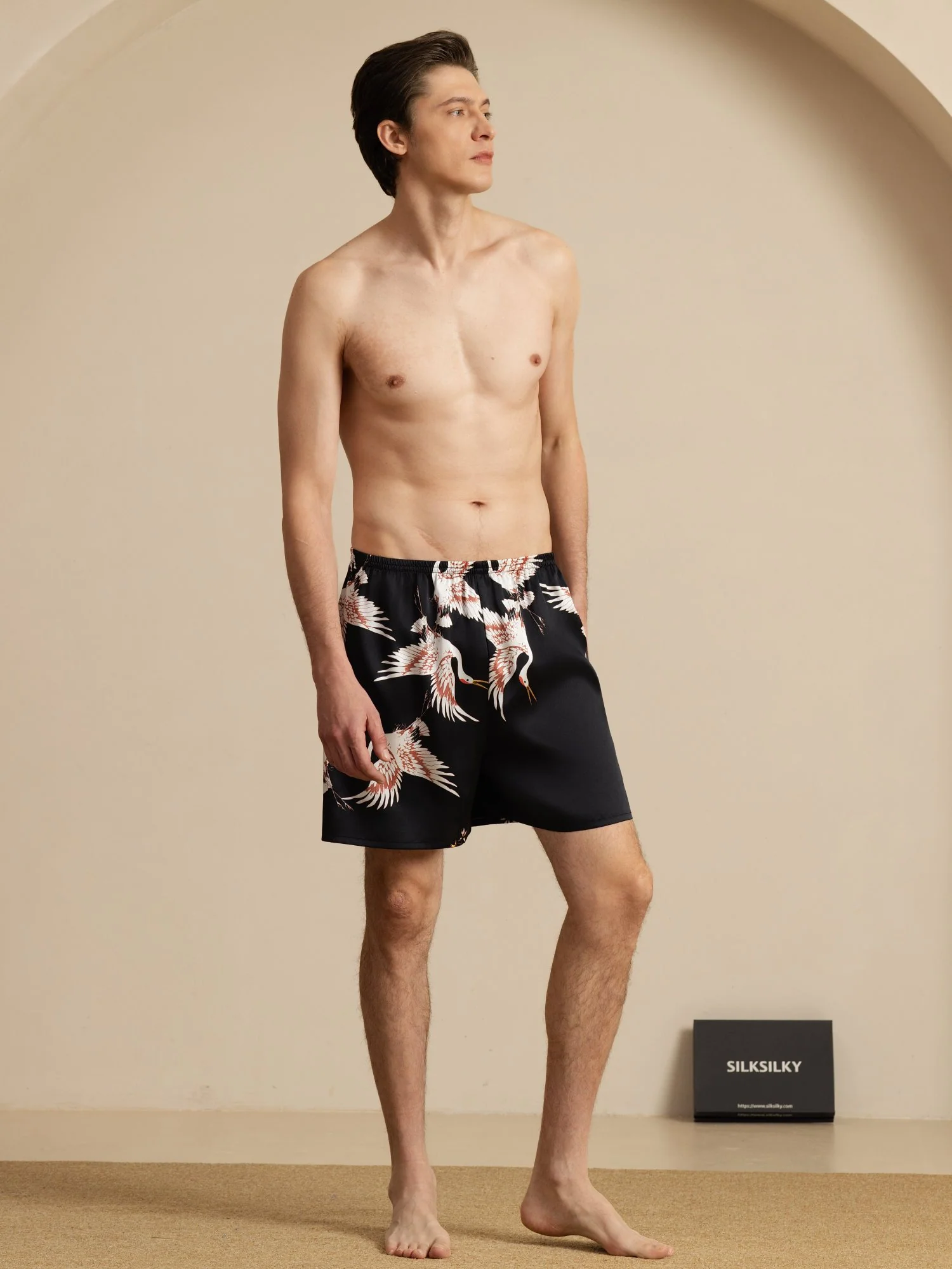 19Momme 100% Mulberry Silk Men's Crane Print Elastic Waist Sleep Shorts - Image 12