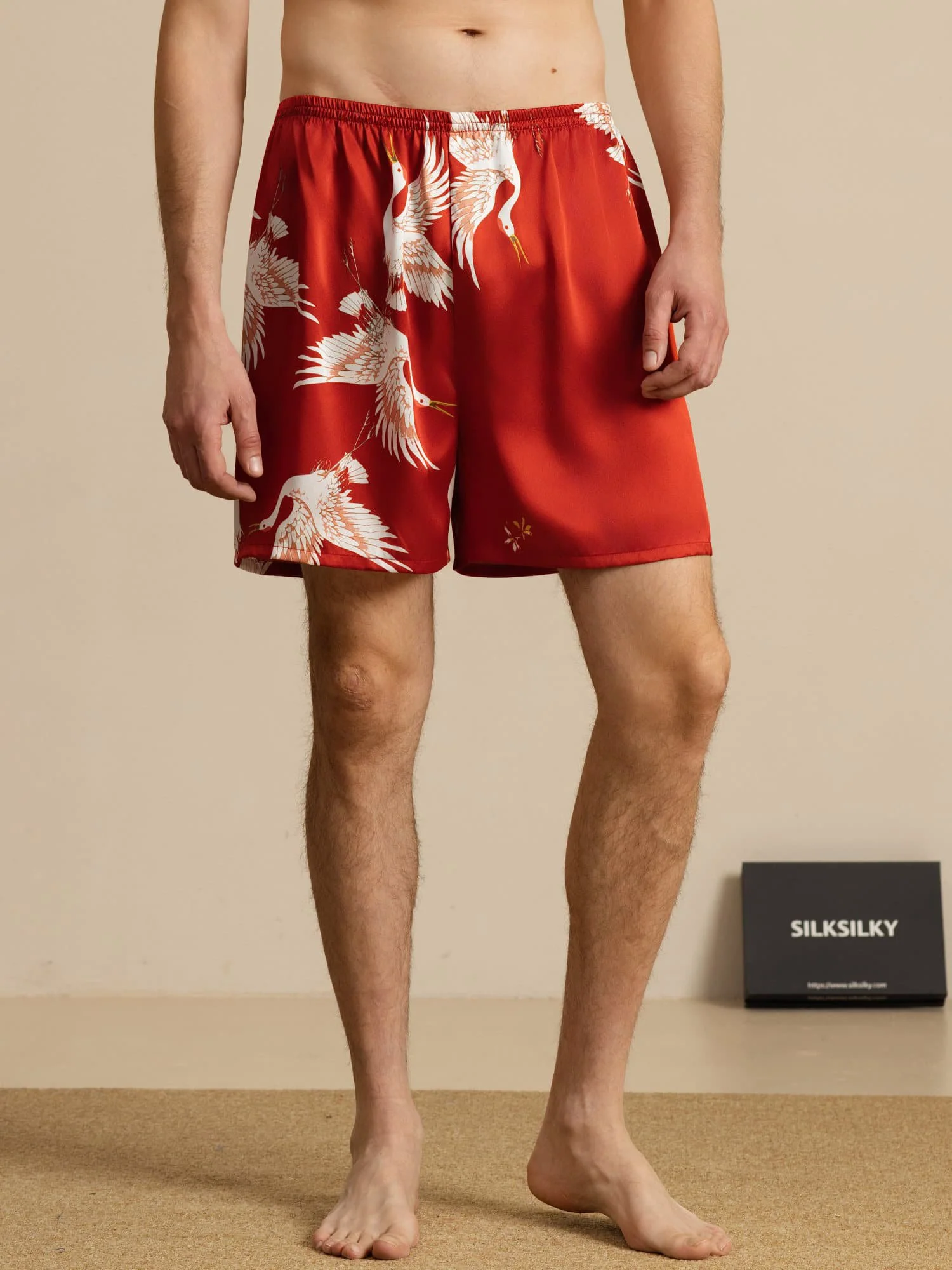 19Momme 100% Mulberry Silk Men's Crane Print Elastic Waist Sleep Shorts - Image 14