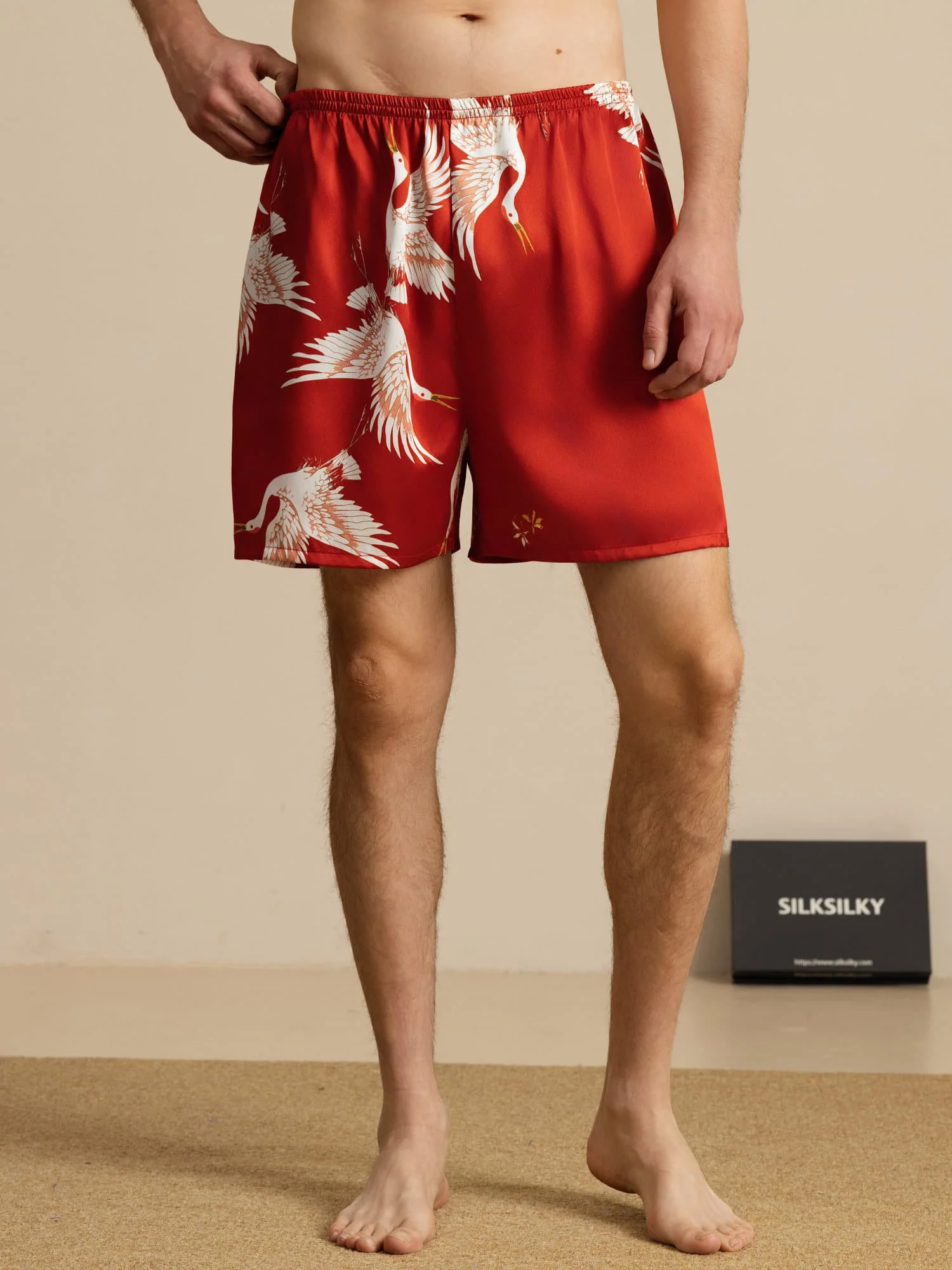 19Momme 100% Mulberry Silk Men's Crane Print Elastic Waist Sleep Shorts - Image 16