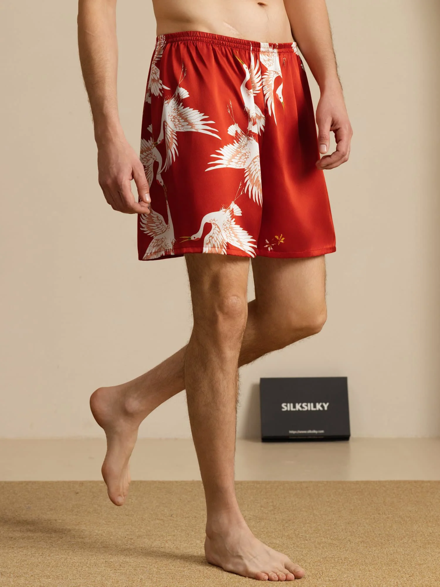 19Momme 100% Mulberry Silk Men's Crane Print Elastic Waist Sleep Shorts - Image 17