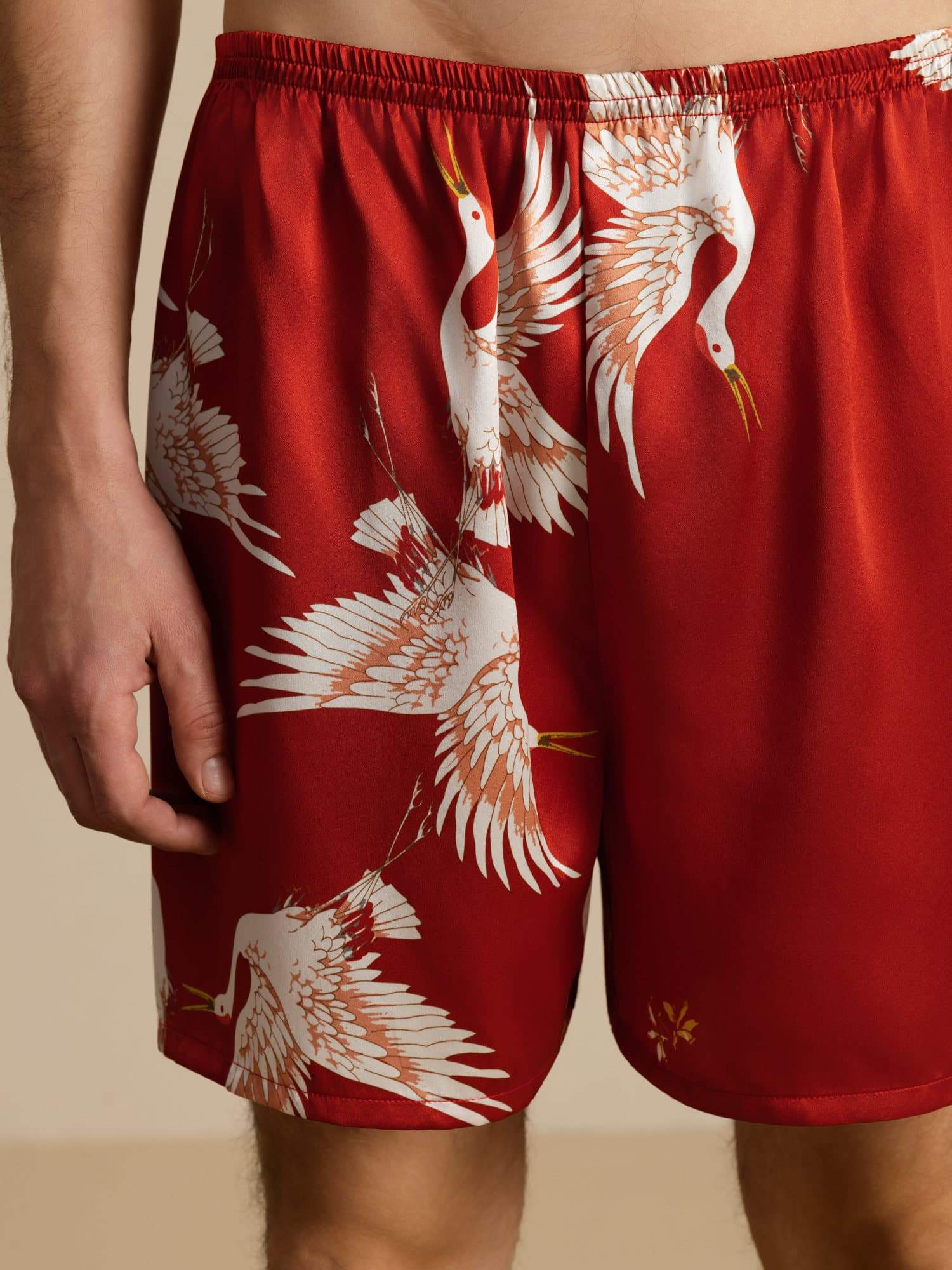 19Momme 100% Mulberry Silk Men's Crane Print Elastic Waist Sleep Shorts - Image 18