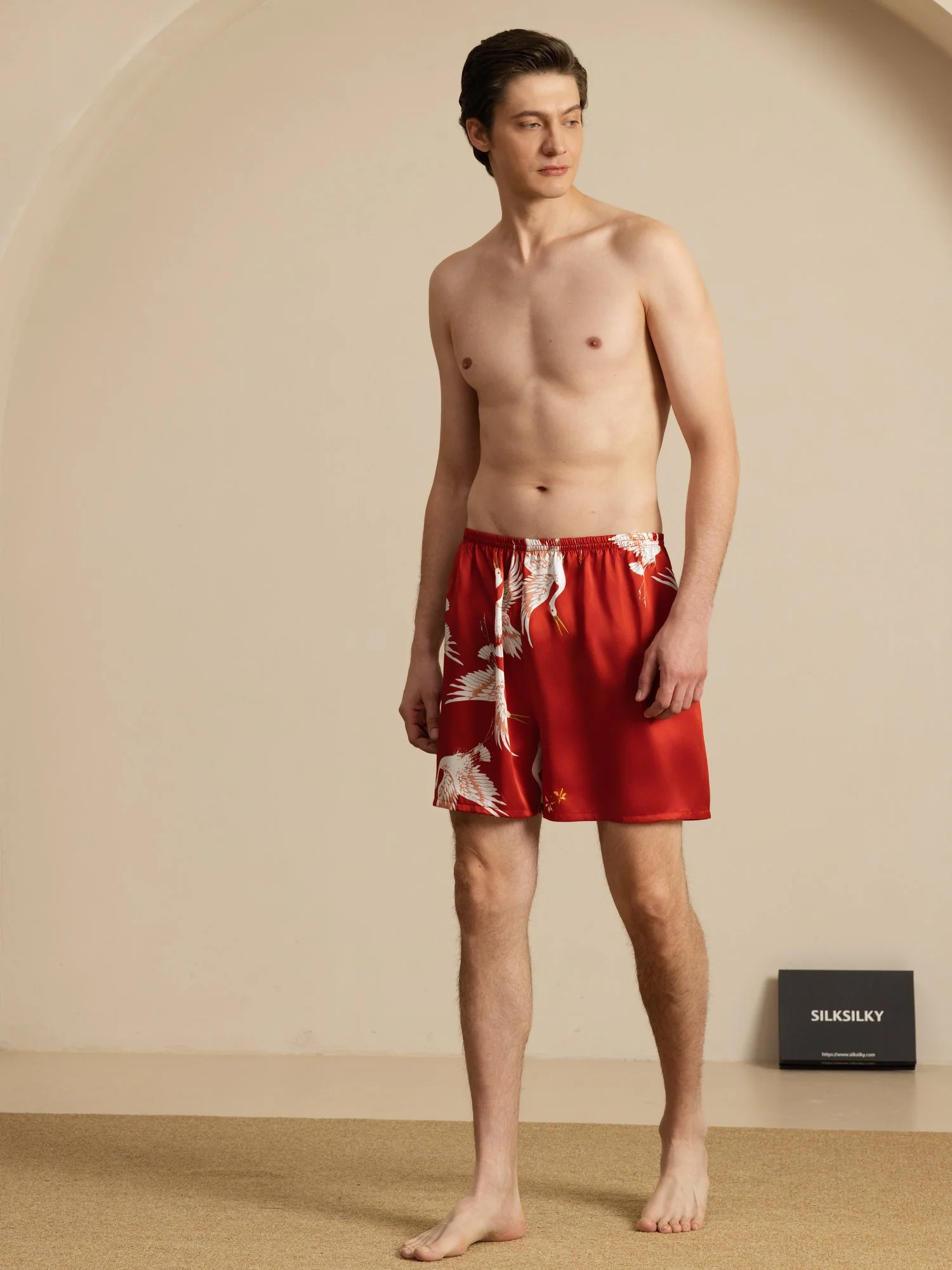 19Momme 100% Mulberry Silk Men's Crane Print Elastic Waist Sleep Shorts - Image 19