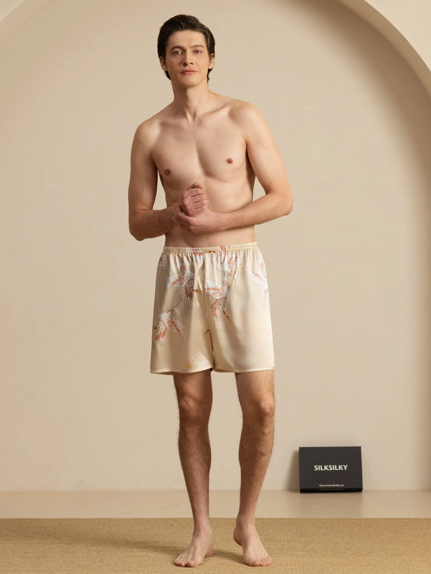 19Momme 100% Mulberry Silk Men's Crane Print Elastic Waist Sleep Shorts - Image 24