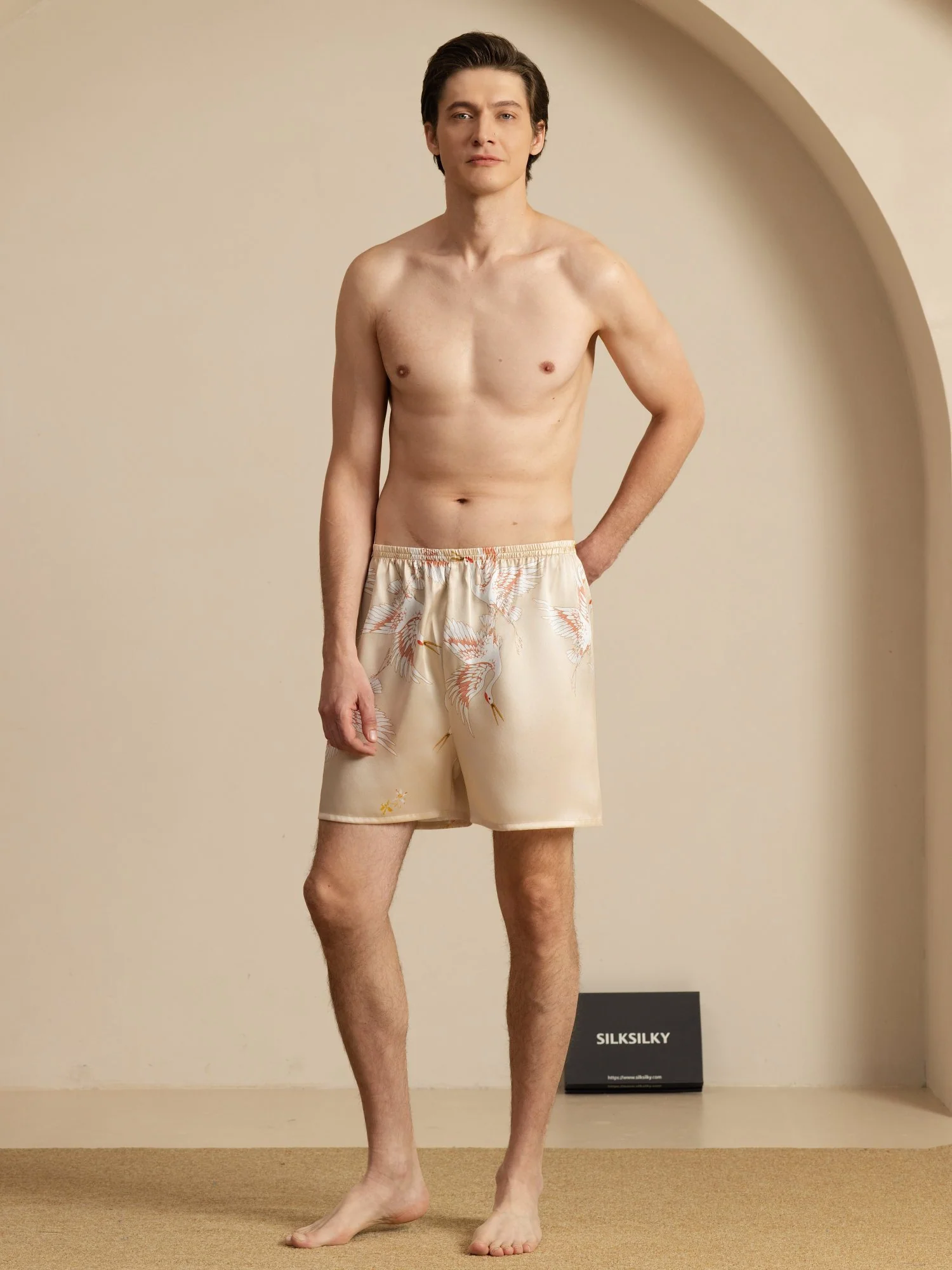 19Momme 100% Mulberry Silk Men's Crane Print Elastic Waist Sleep Shorts - Image 26