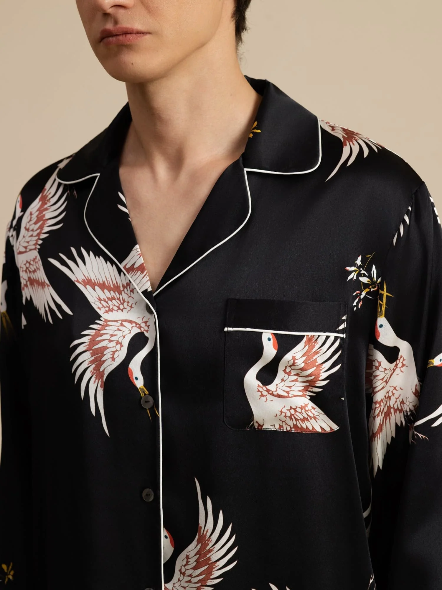 19Momme 100% Mulberry Silk Men's Crane Print Long Sleeve Notch Collar Pajamas Set - Image 13