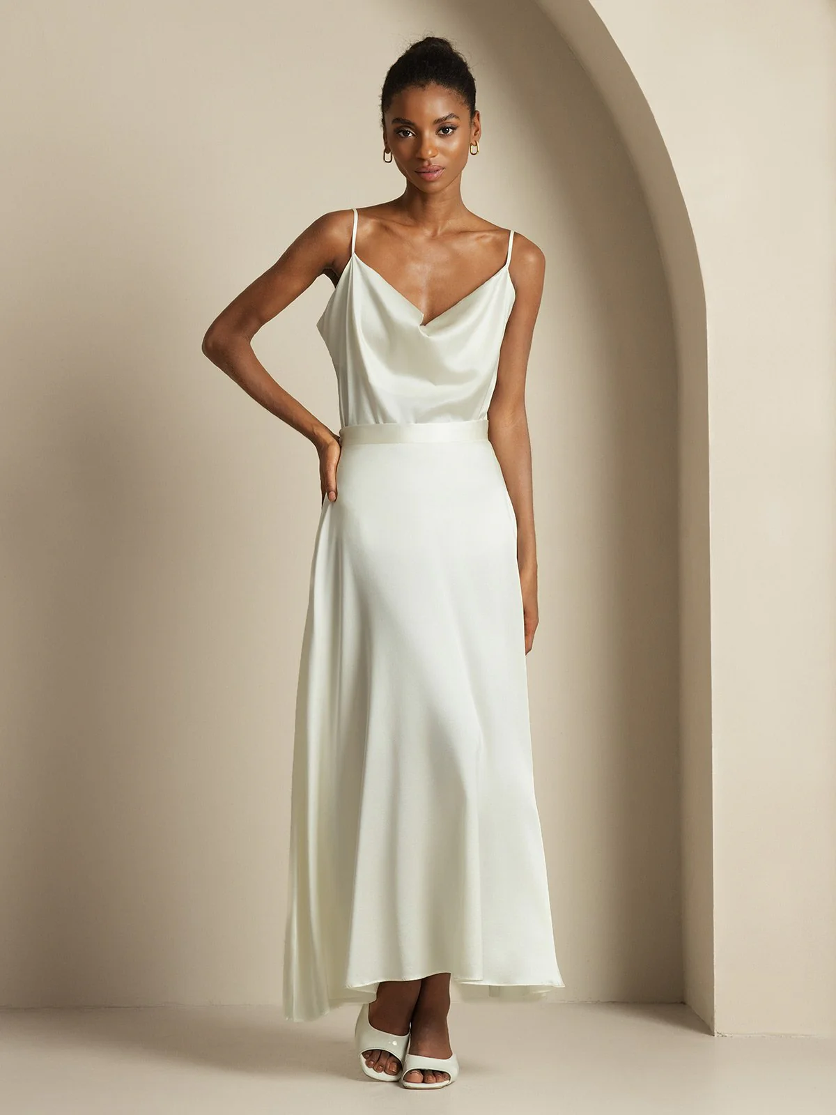 19Momme Silk Cowl Neck Spaghetti Strap Camisole Top & A Line Maxi Skirt - Image 11