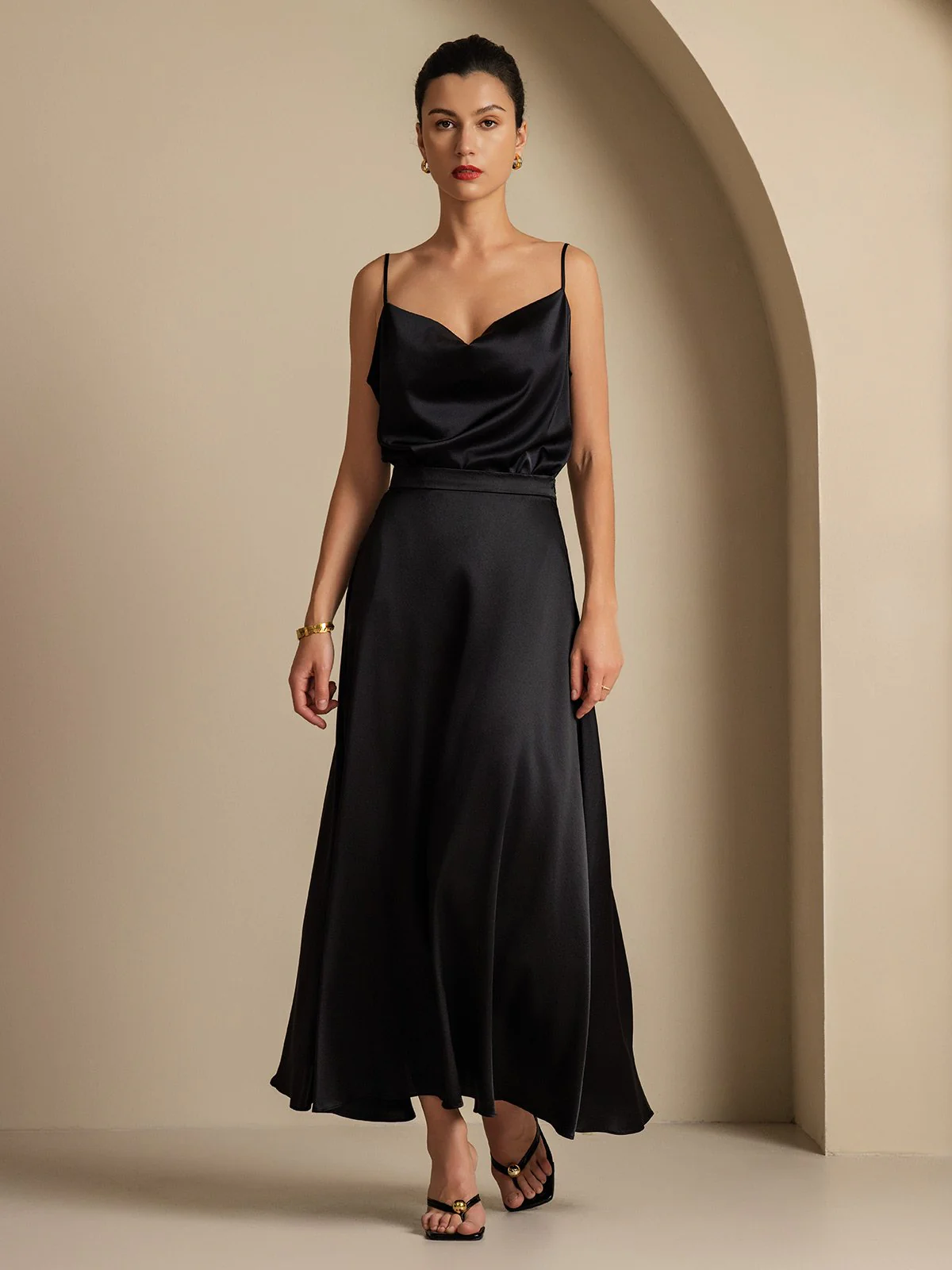 19Momme Silk Cowl Neck Spaghetti Strap Camisole Top & A Line Maxi Skirt - Image 15