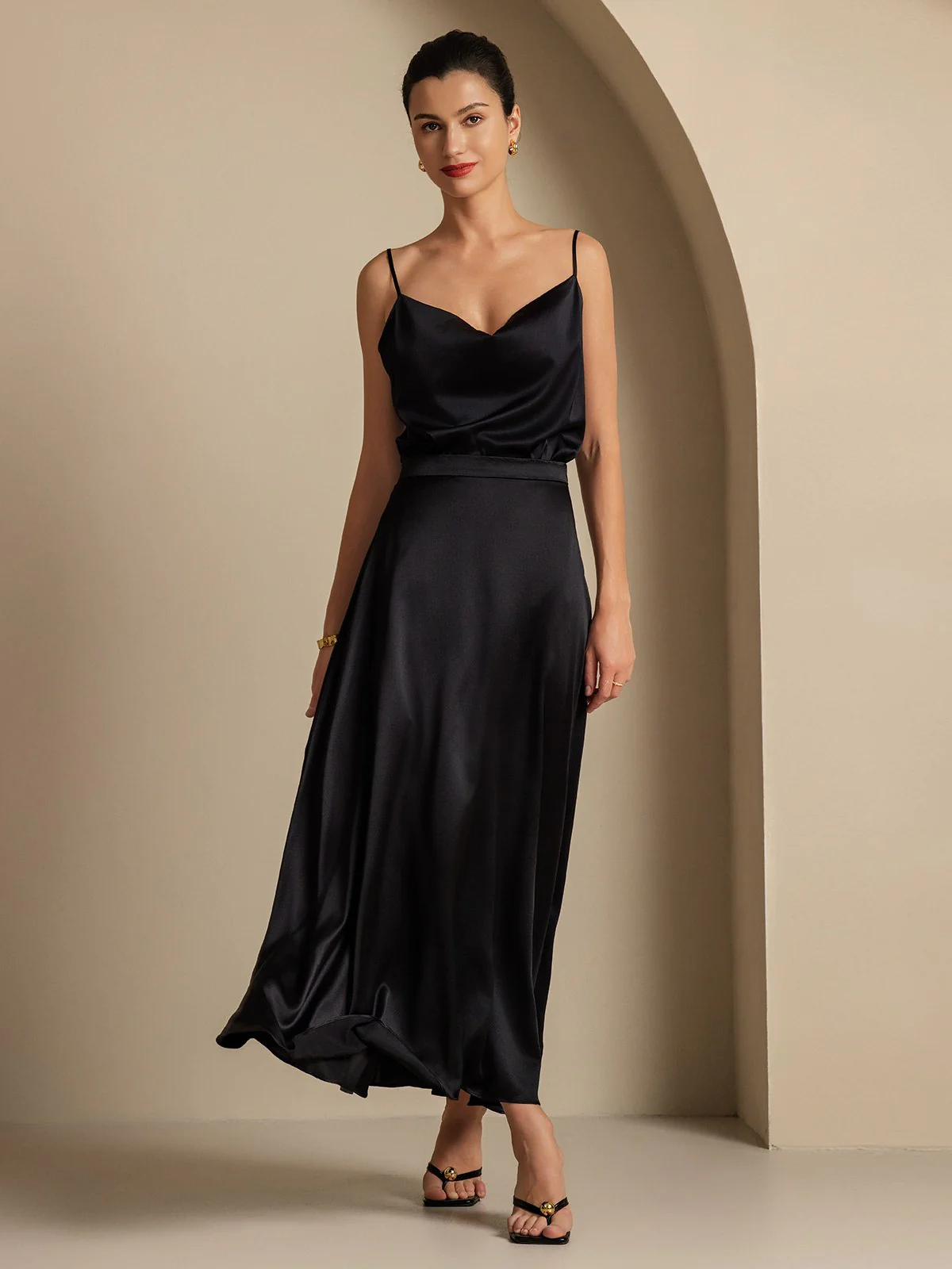 19Momme Silk Cowl Neck Spaghetti Strap Camisole Top & A Line Maxi Skirt - Image 20