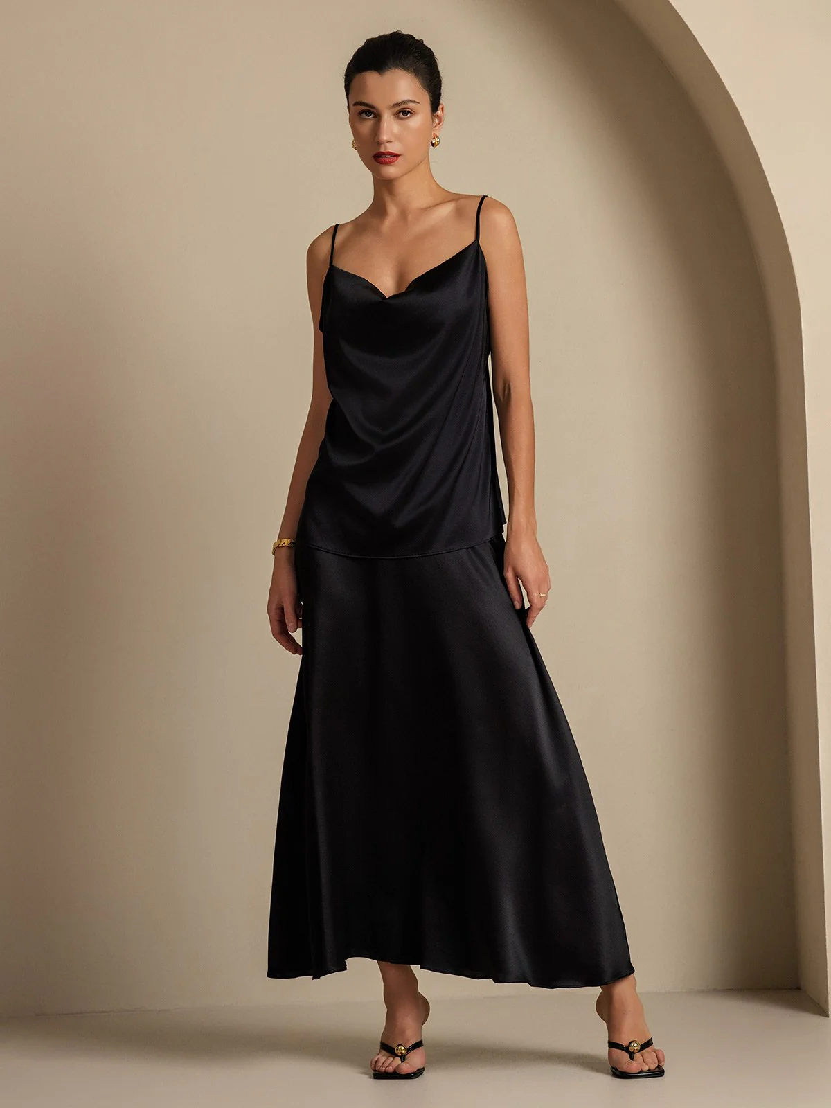 19Momme Silk Cowl Neck Spaghetti Strap Camisole Top & A Line Maxi Skirt - Image 21
