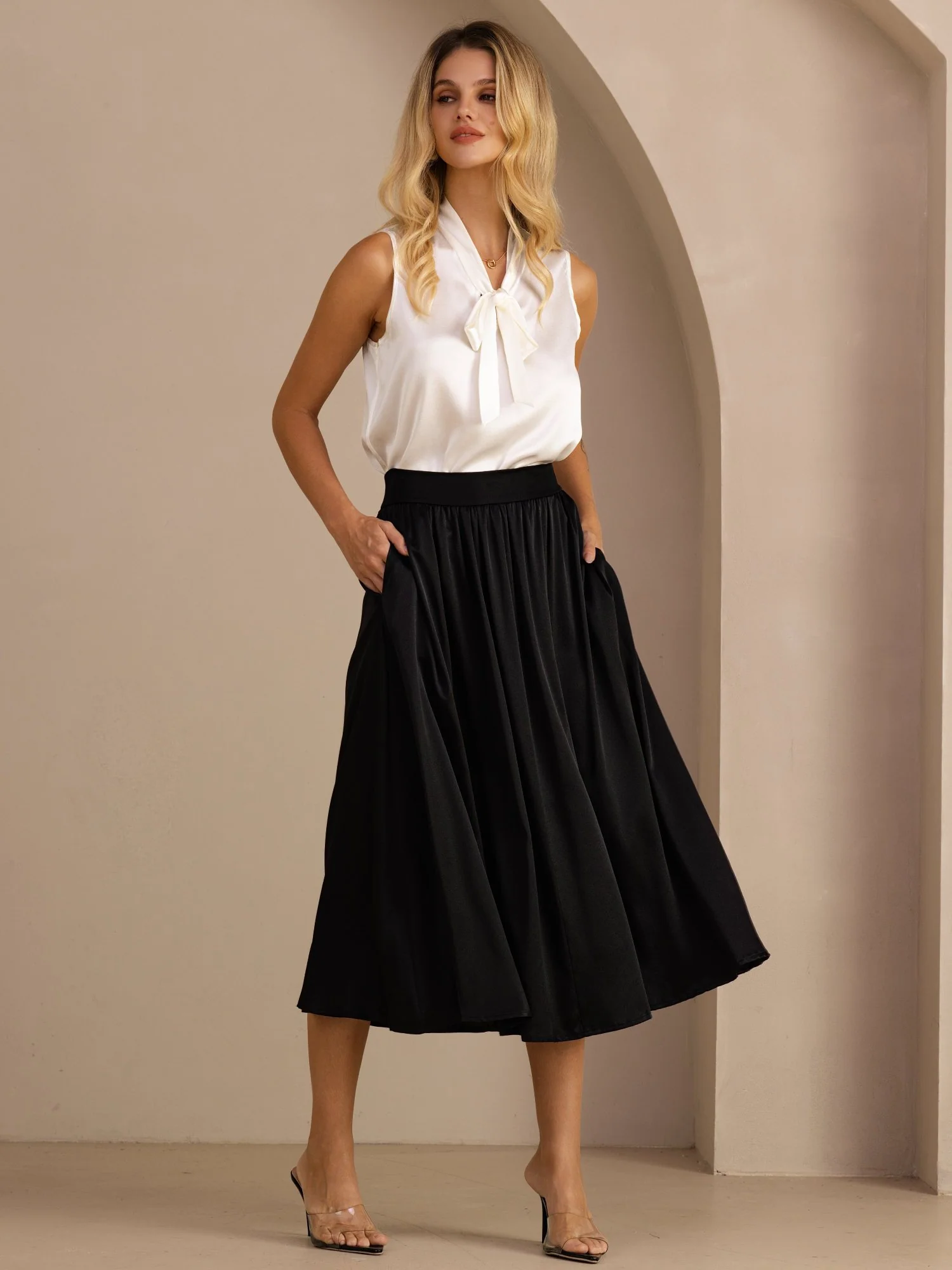 19Momme Silk High Waist A-Line Pleated Long Skirt with Side Pockets - Image 3