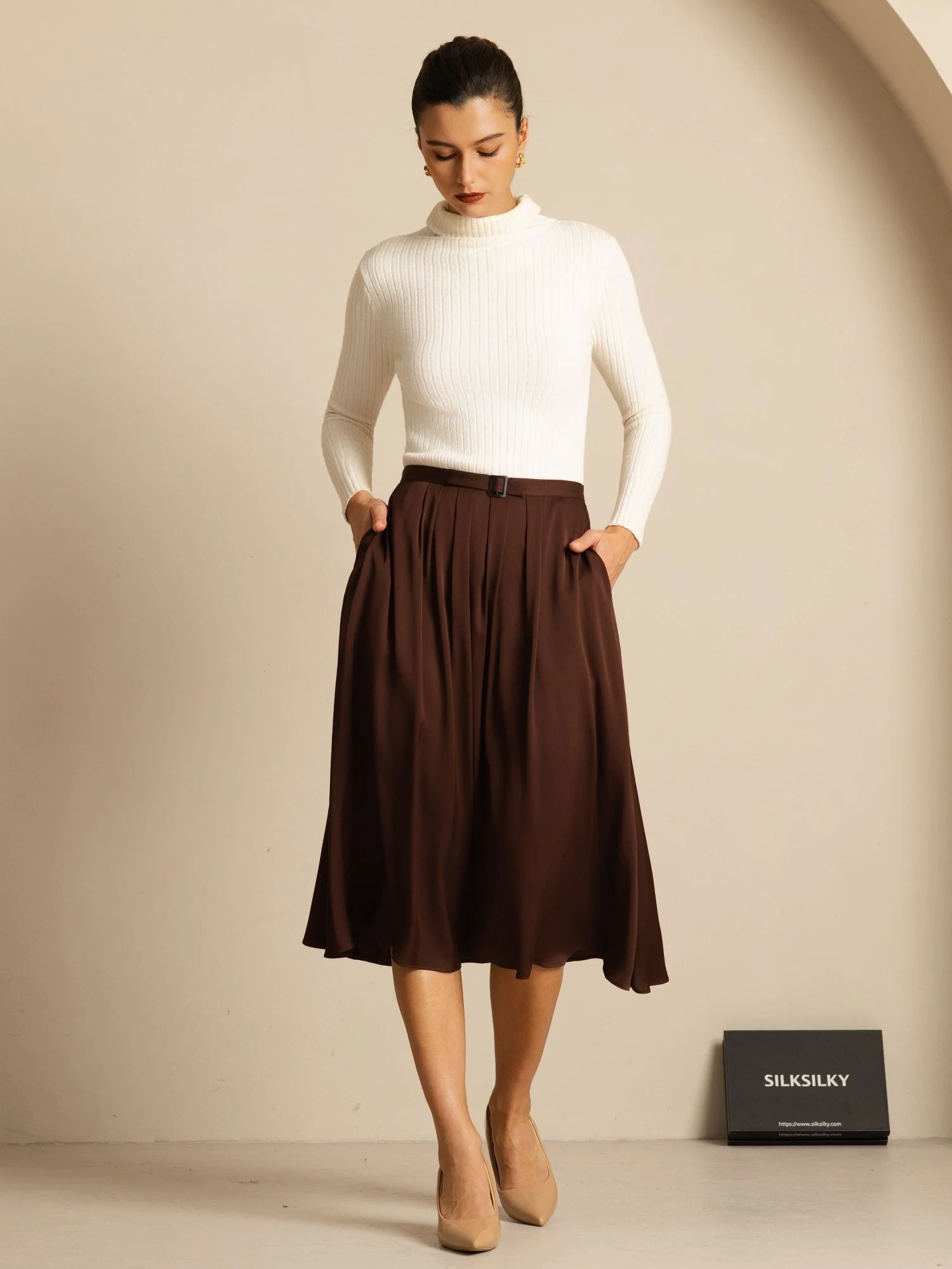 19Momme Silk High Waist A-Line Pleated Midi Skirt with Pockets - Image 12