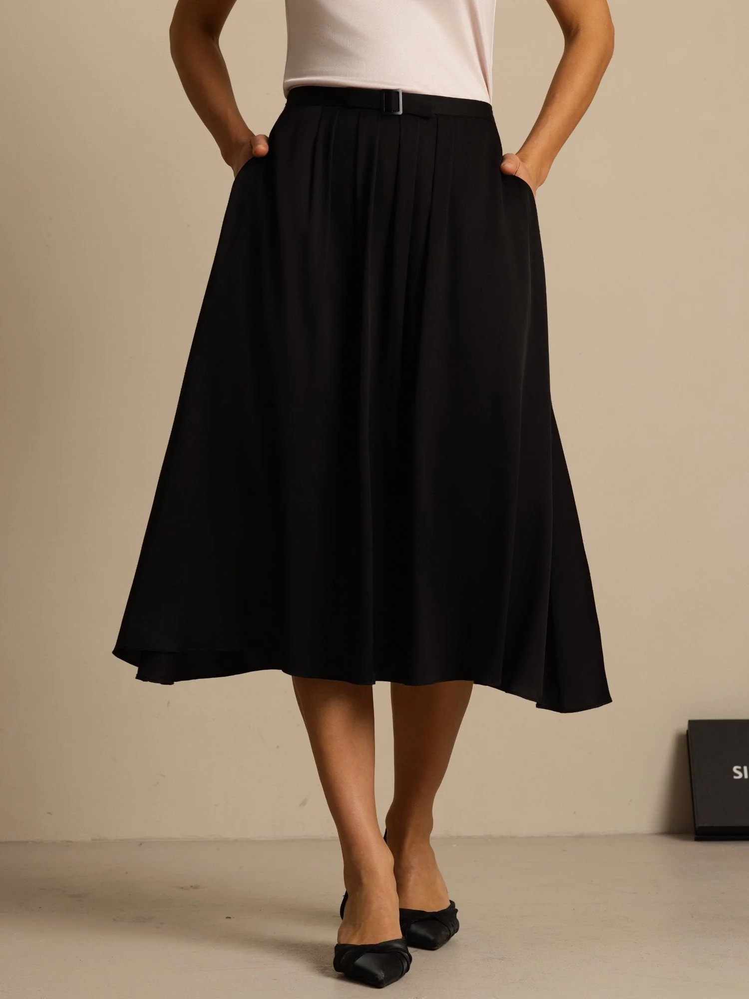 19Momme Silk High Waist A-Line Pleated Midi Skirt with Pockets - Image 13