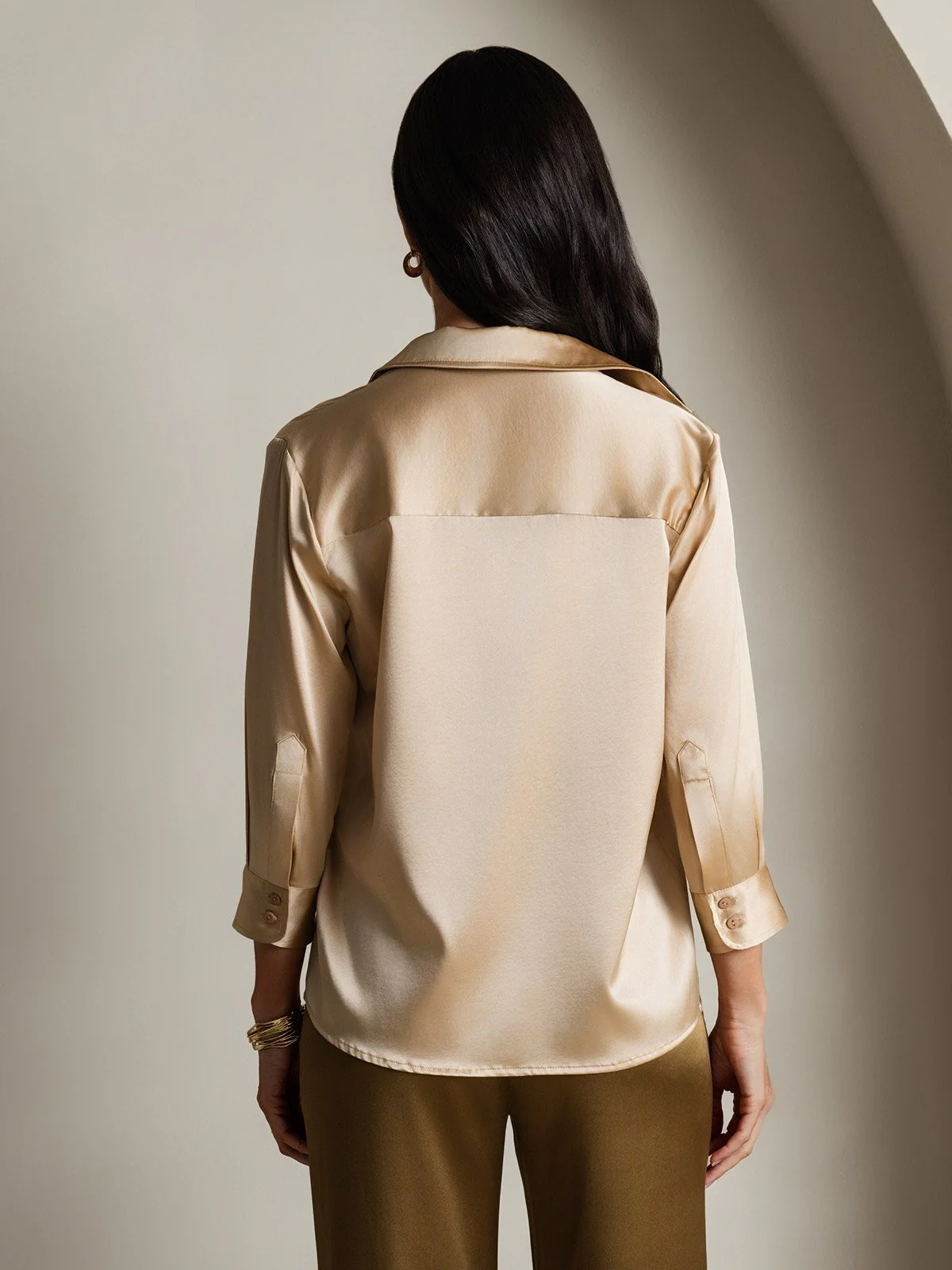 19Momme Silk 3/4 Sleeve Lapel Collar Women's Shirt with Button Up Design - Image 17