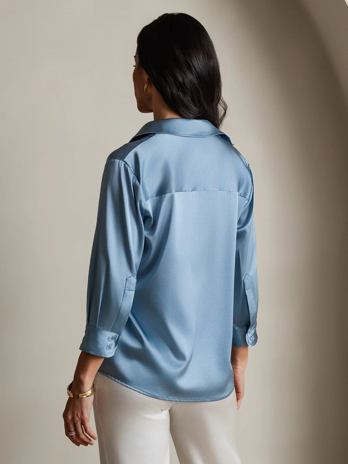 19Momme Silk 3/4 Sleeve Lapel Collar Women's Shirt with Button Up Design - Image 2