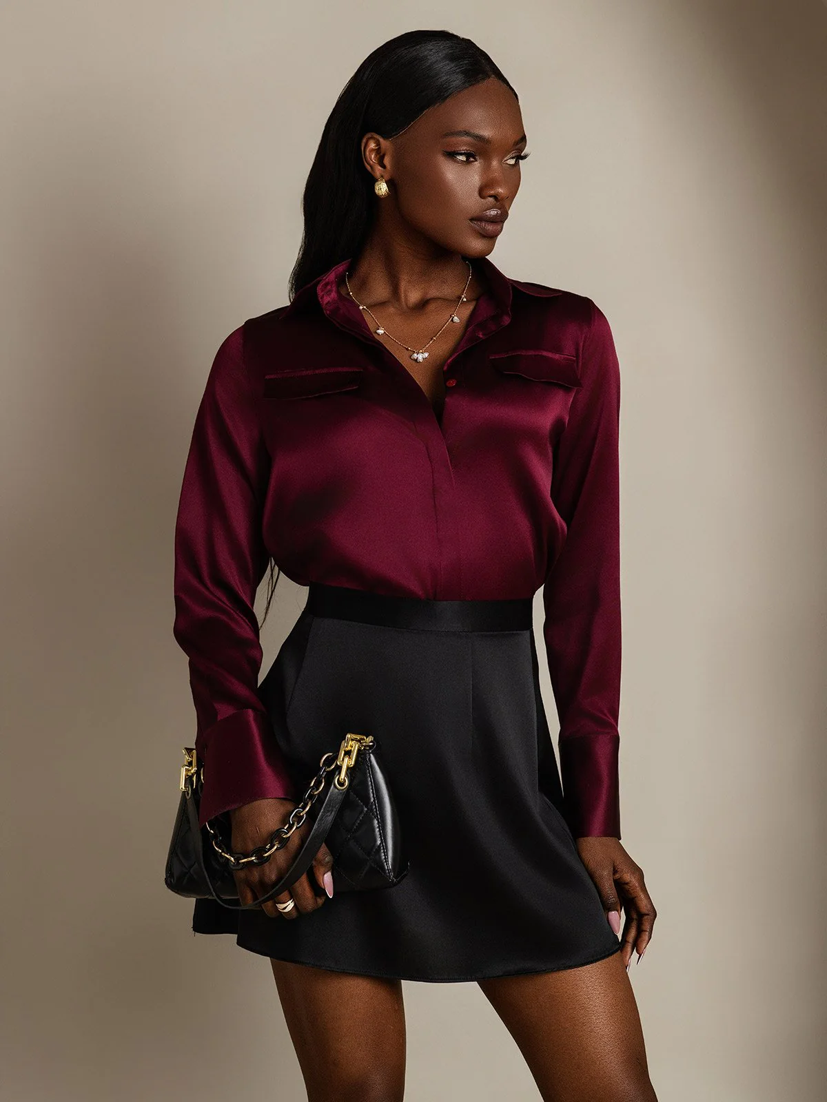Clearance - Women's 19Momme Silk Long Sleeve Lapel Collar Military Shirt