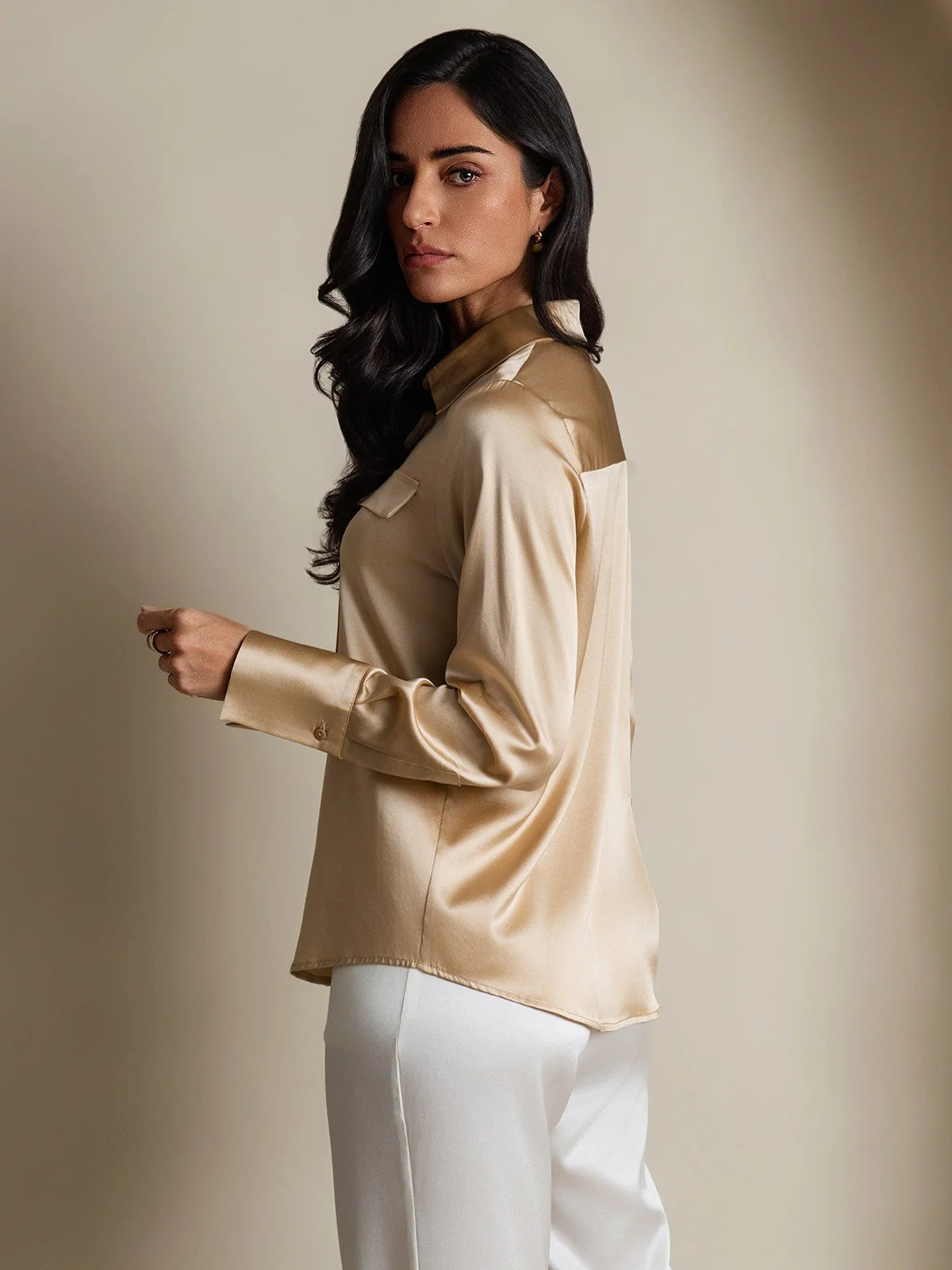 Clearance - Women's 19Momme Silk Long Sleeve Lapel Collar Military Shirt - Image 10