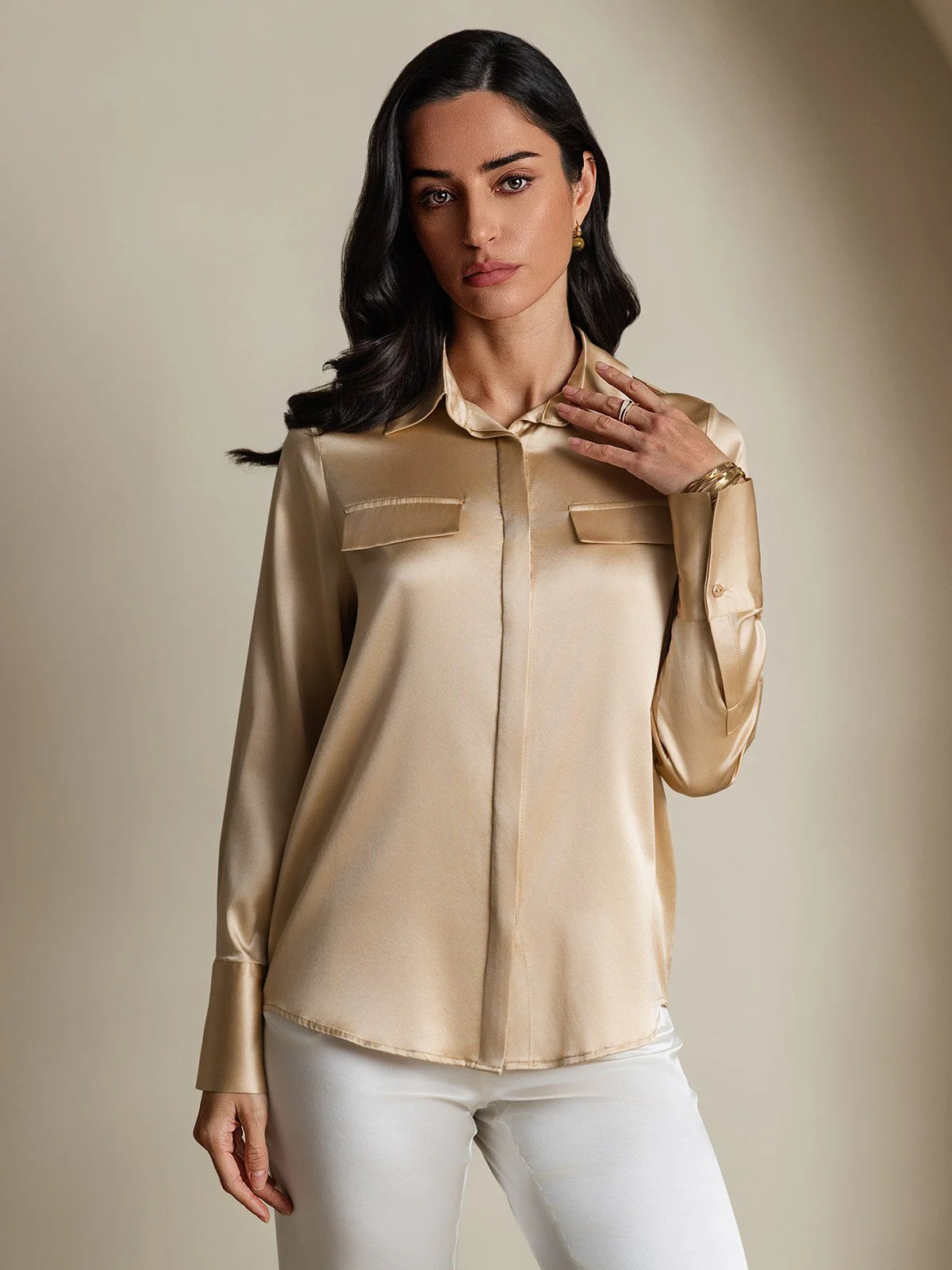 Clearance - Women's 19Momme Silk Long Sleeve Lapel Collar Military Shirt - Image 12