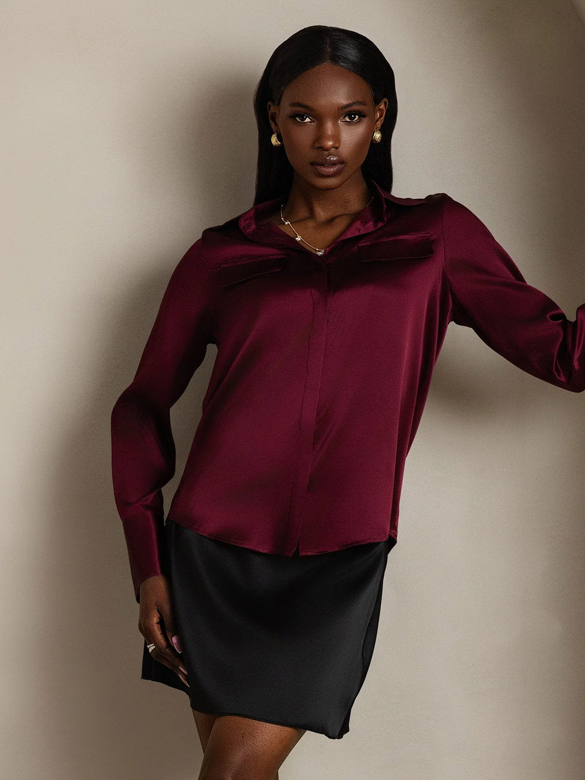 Clearance - Women's 19Momme Silk Long Sleeve Lapel Collar Military Shirt - Image 3