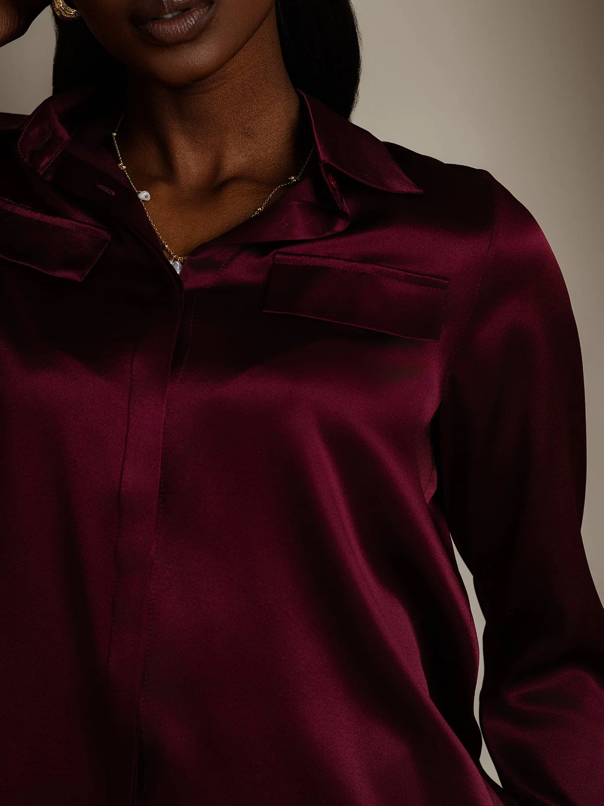 Clearance - Women's 19Momme Silk Long Sleeve Lapel Collar Military Shirt - Image 8