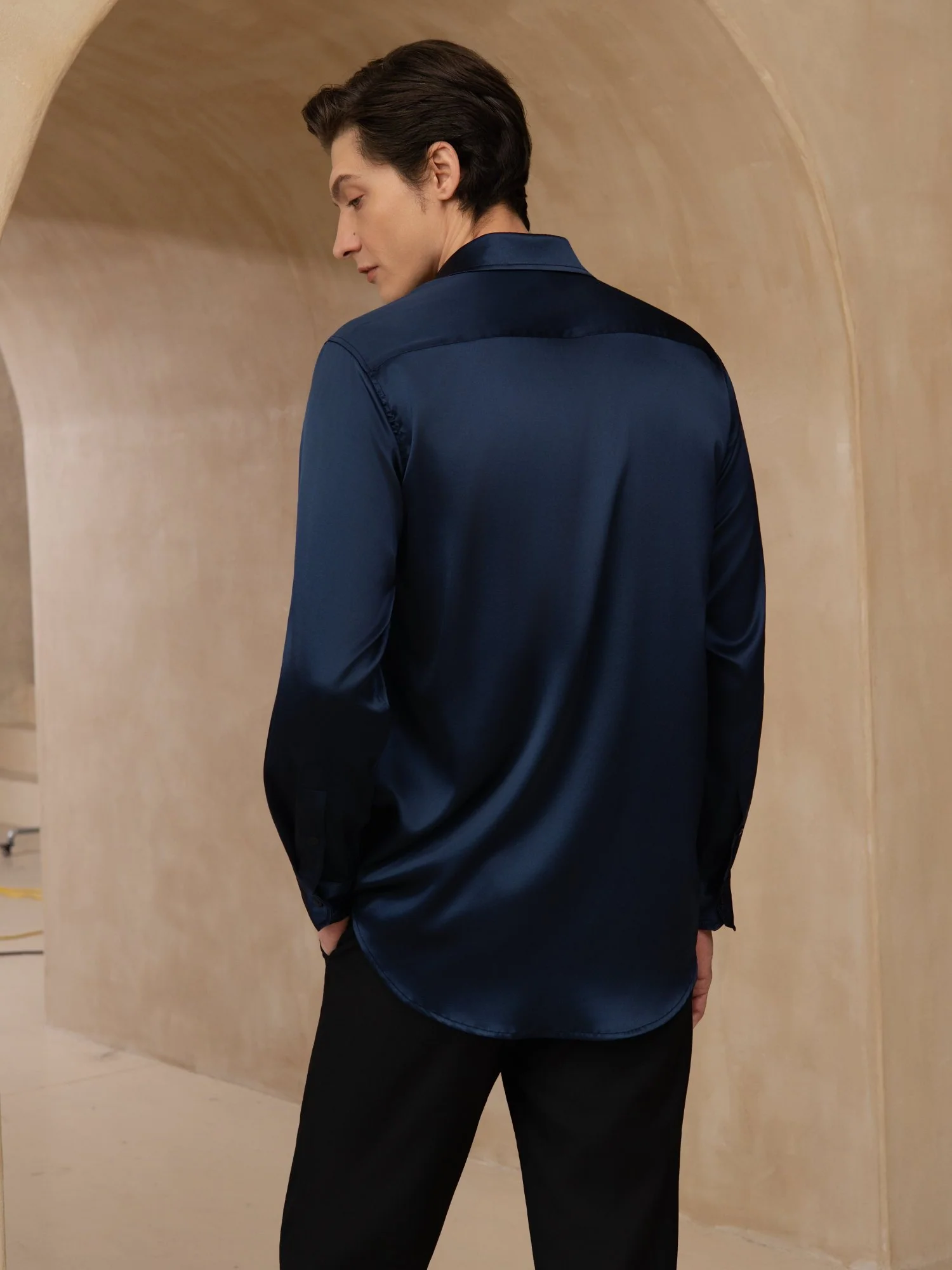 19Momme Silk Men's Long Sleeve Lapel Collar Classic Business Shirt - Image 18